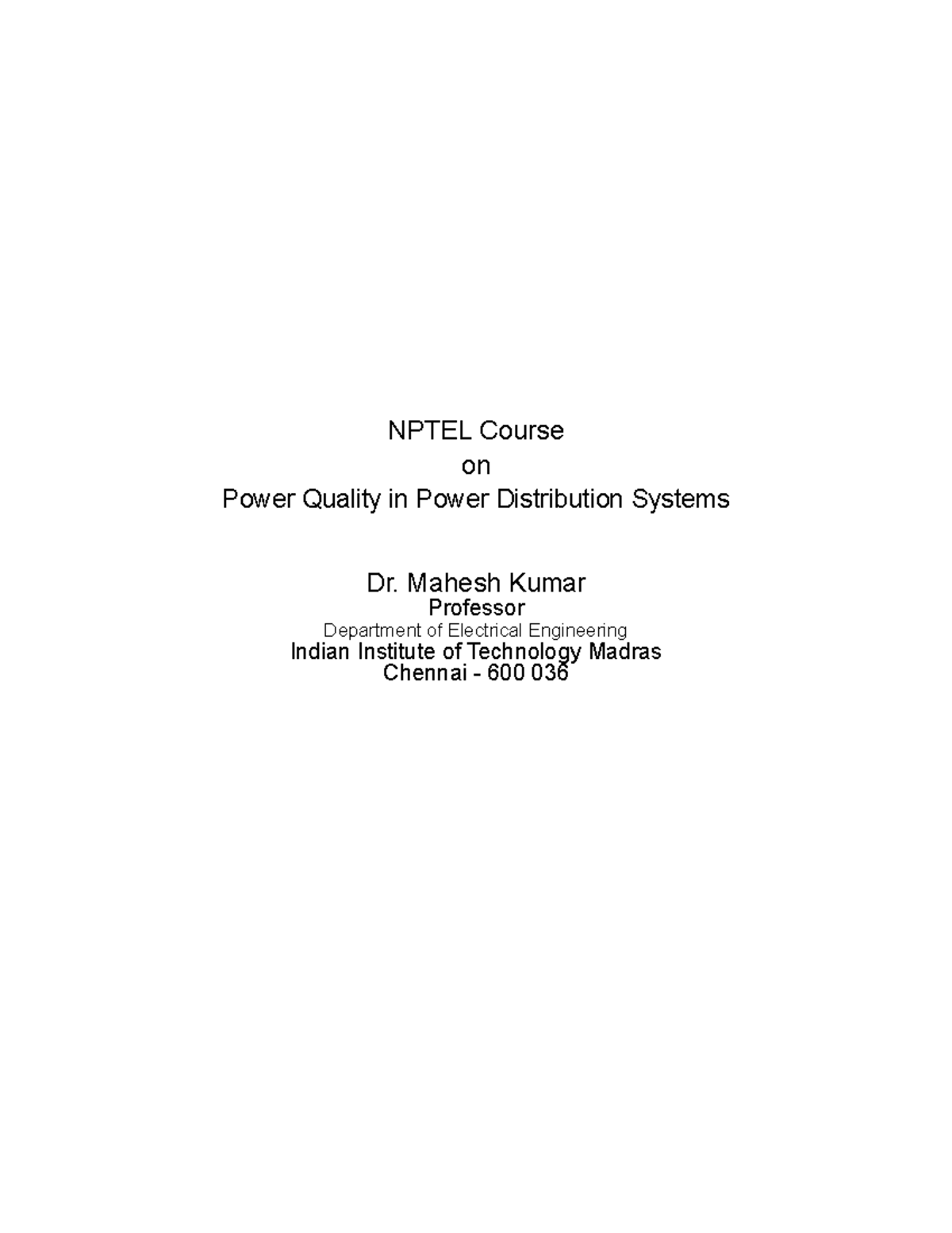 Power Quality in Power Distribution Systems NPTEL Course on Power