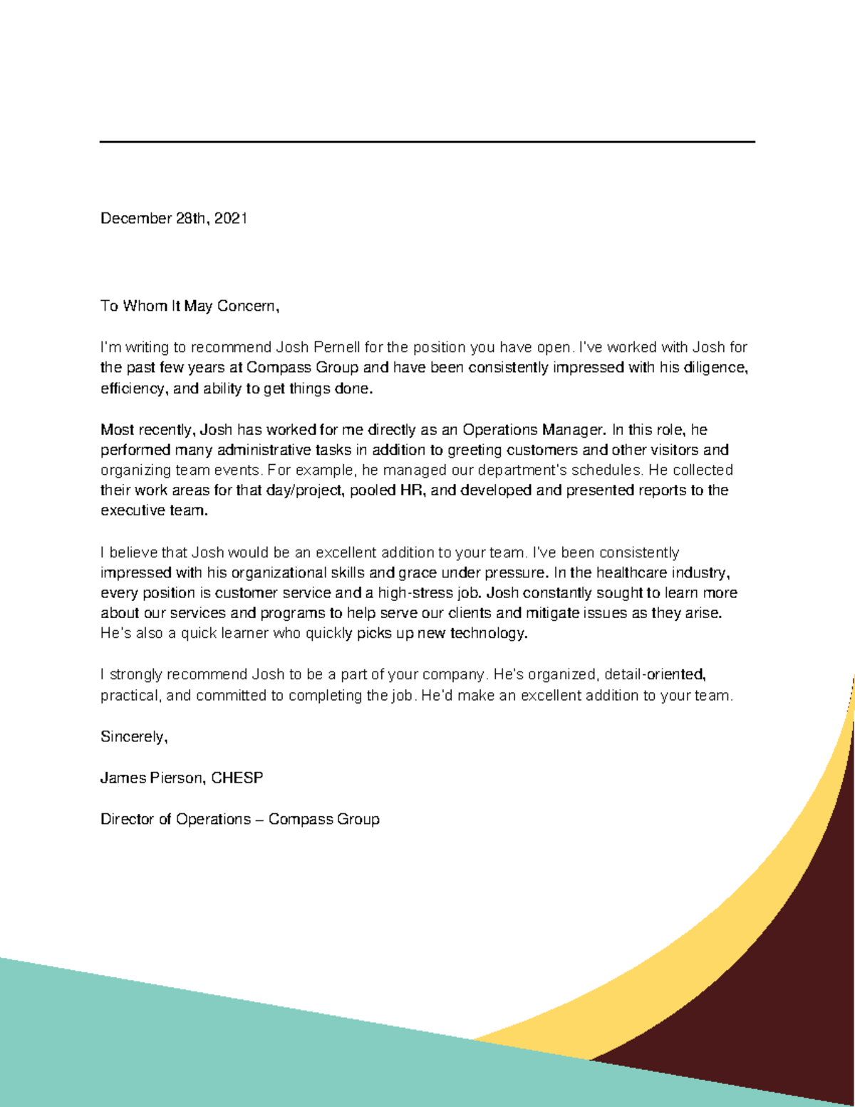 Joshua Pernell Letterof Recommendation 1 - December 28th, 2021 To Whom ...