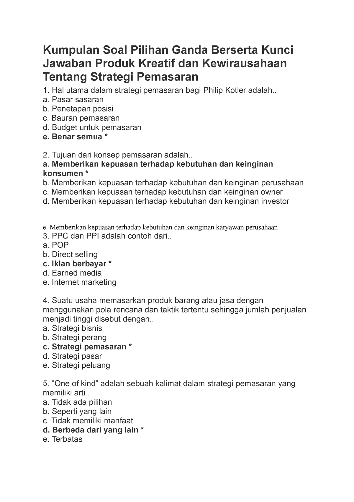 Soal Marketing 1 - Just Example - Kumpulan Soal Pilihan Ganda Berserta ...