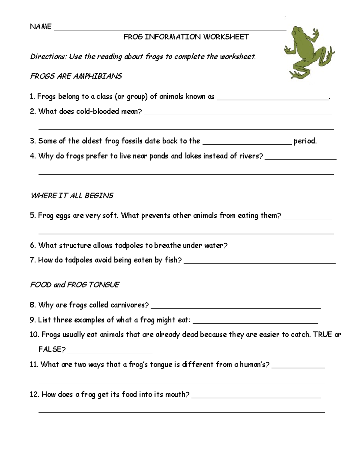 Frog Printable-1 - read about frogs and write in answers - NAME - Studocu