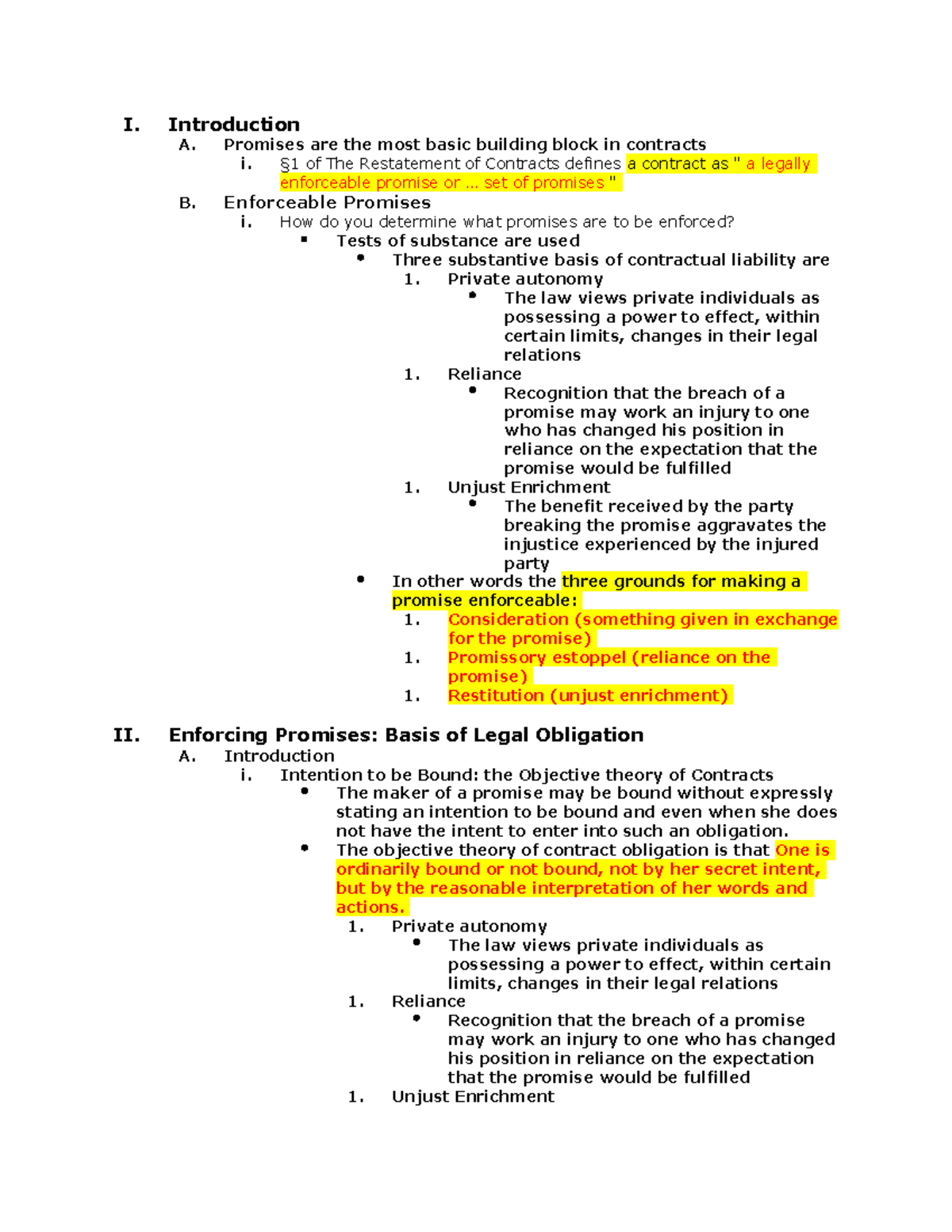 Contracts Law Outline 1 I. Introduction A. Promises are the most