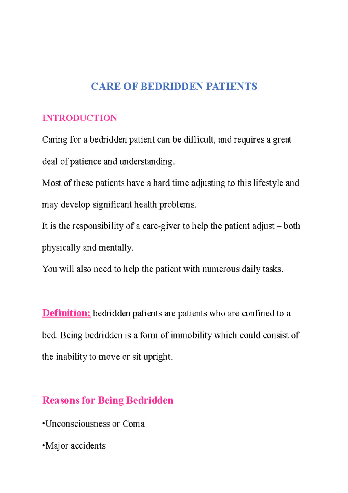 CARE OF BED Ridden Patients CARE OF BEDRIDDEN PATIENTS INTRODUCTION Caring For A Bedridden