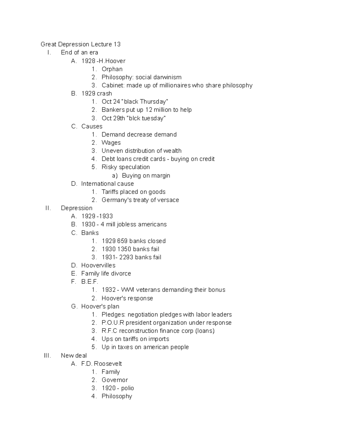 Hist 17b - Lecture notes 13 - Great Depression Lecture 13 I. End of an ...