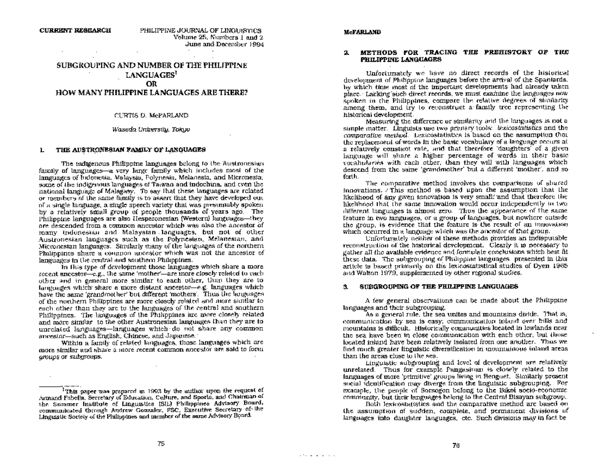 Subgrouping and Number of the Philippine Languages - CURRENT RESEARCH ...
