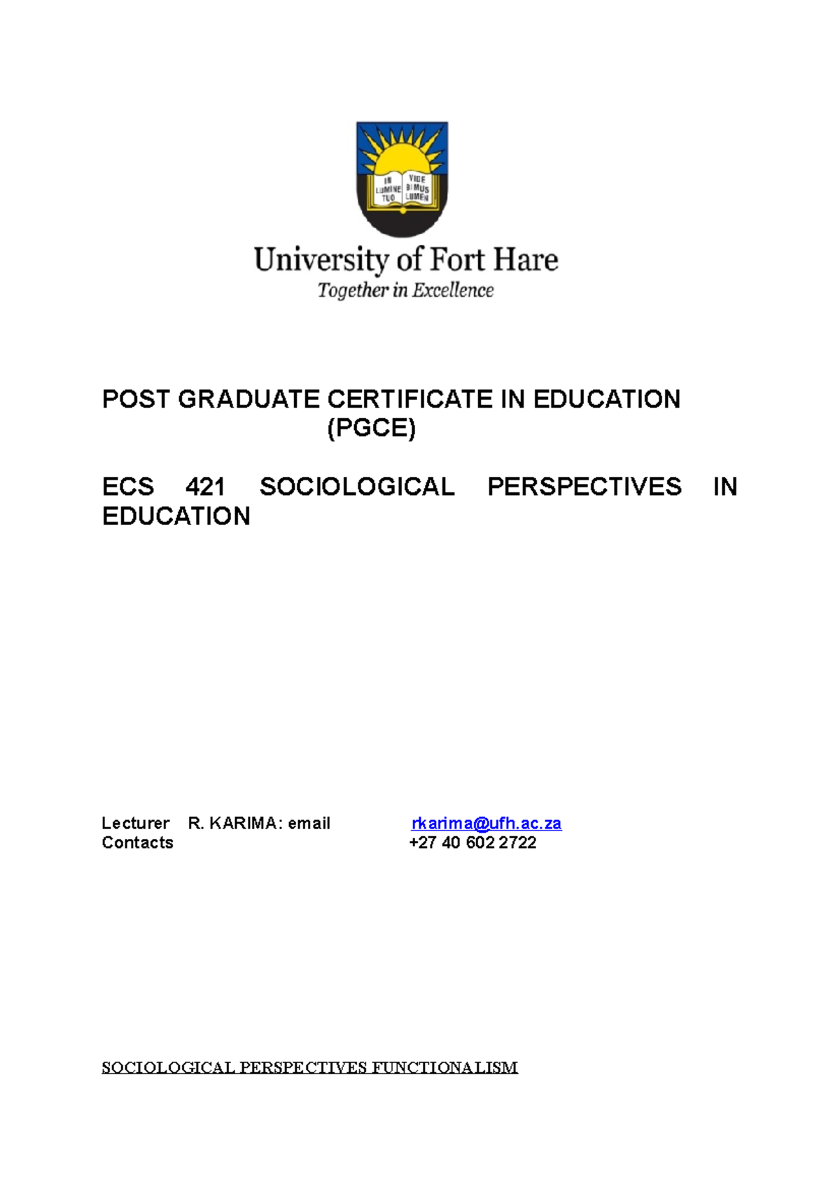 Sociological Perspectives Functionalism 2023 POST GRADUATE 