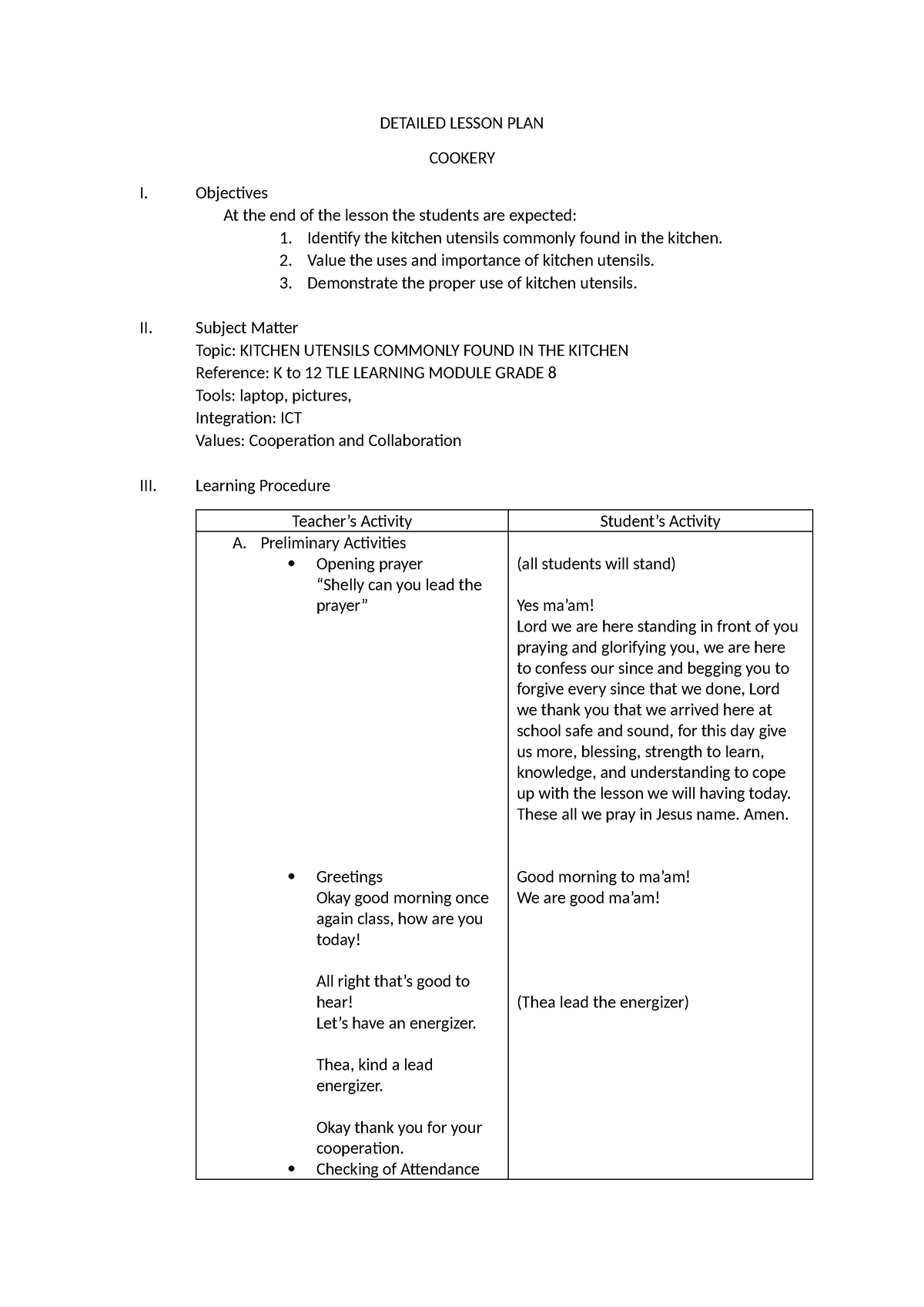 Detailed Lesson PLAN.docx demo - DETAILED LESSON PLAN COOKERY I ...