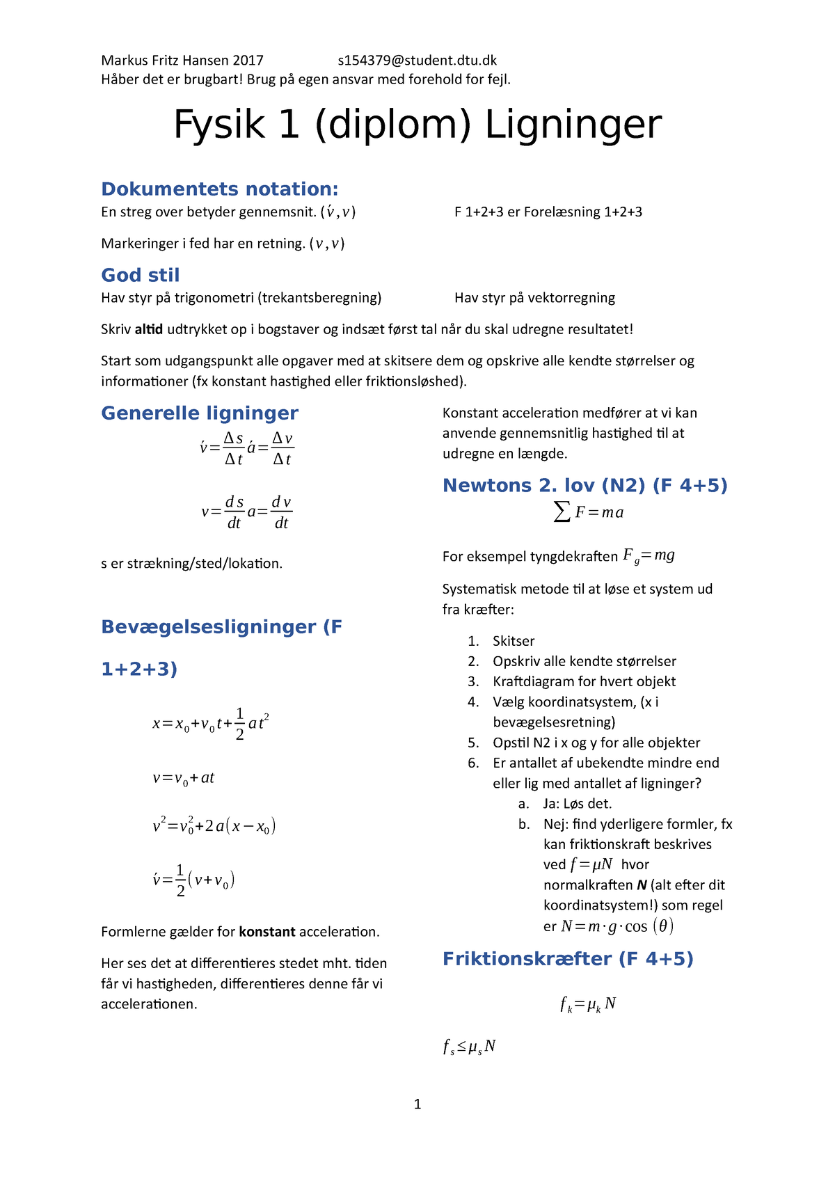 Formelsamling Fysik 1 10916 - Håber Det Er Brugbart! Brug På Egen ...