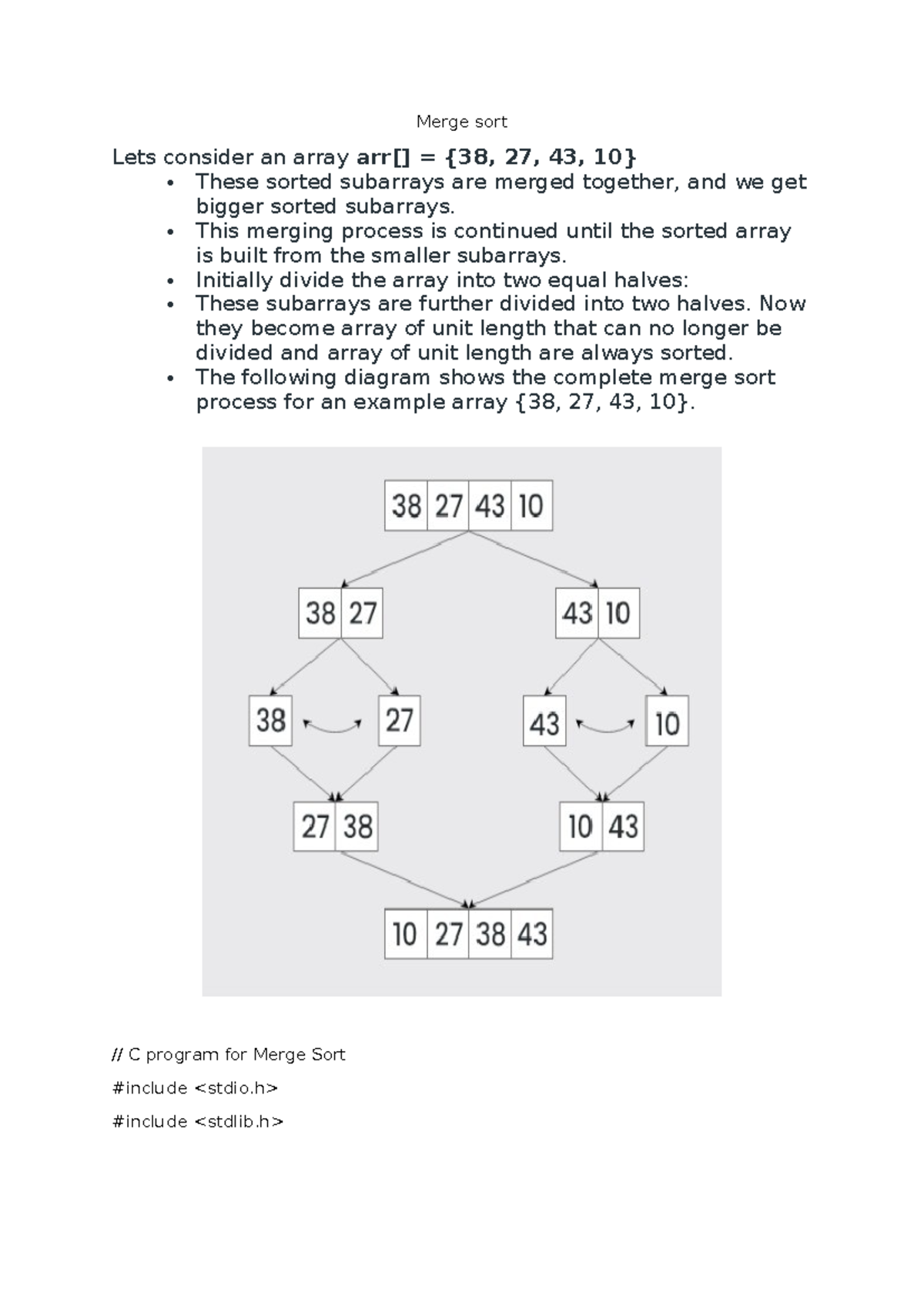 Merge sort - mba - Merge sort Lets consider an array arr[] = {38, 27 ...