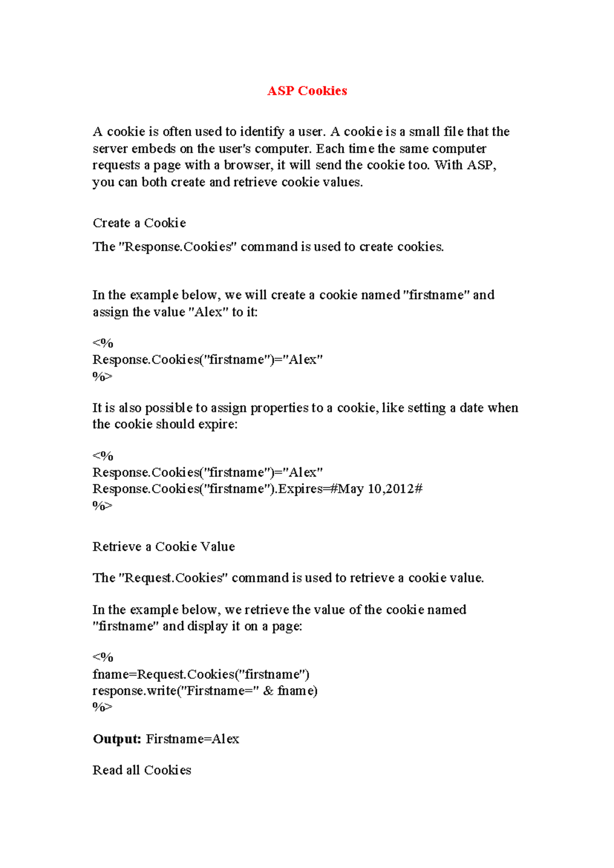 WT UNIT 5 Notes - ASP Cookies A cookie is often used to identify a user ...