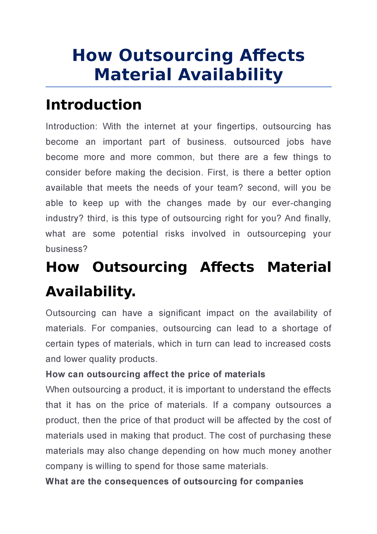 How Outsourcing Affects Material Availability How Outsourcing Affects