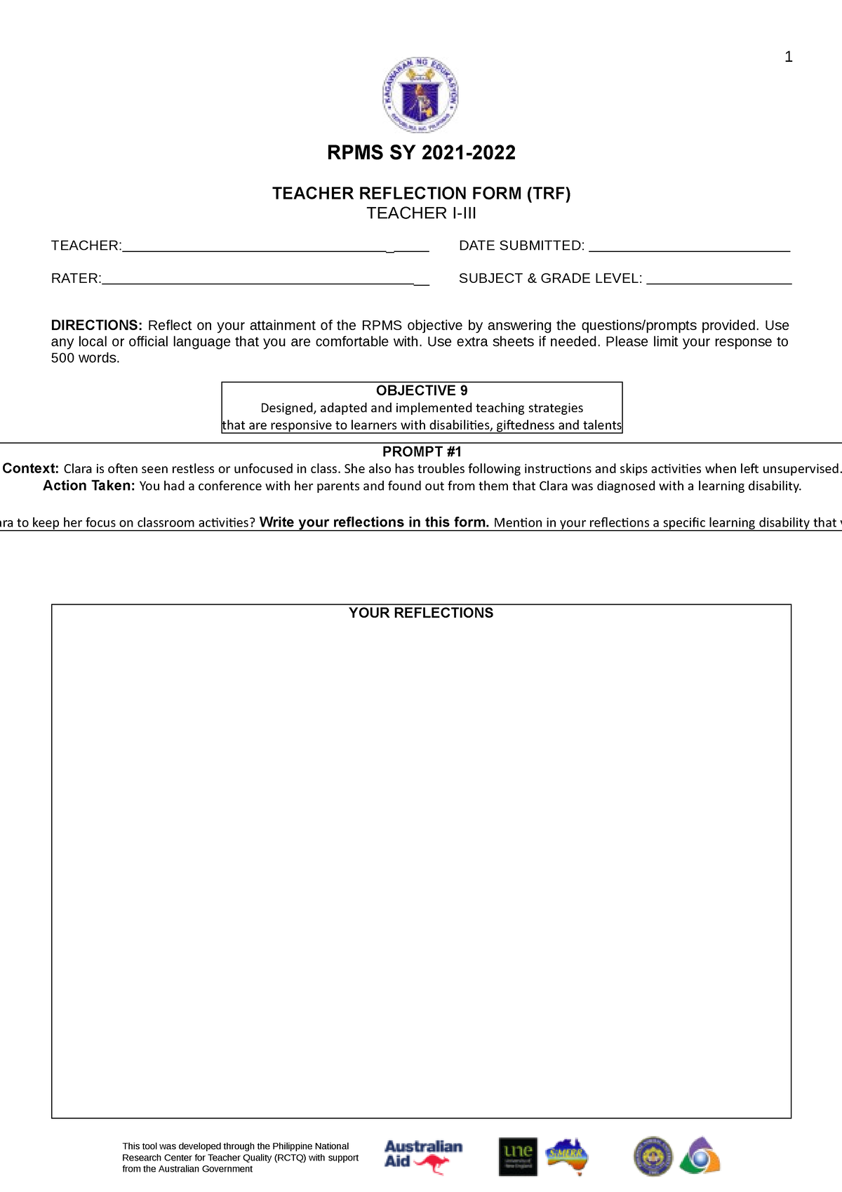 Appendix 4A Teacher Reflection Form For T I III For RPMS SY 2021 2022 ...