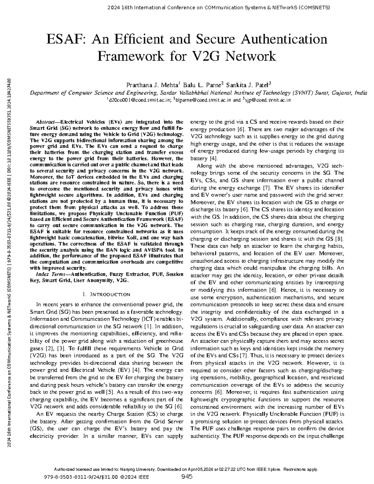 ESAF An Efficient and Secure Authentication Framework for V2G Network ...