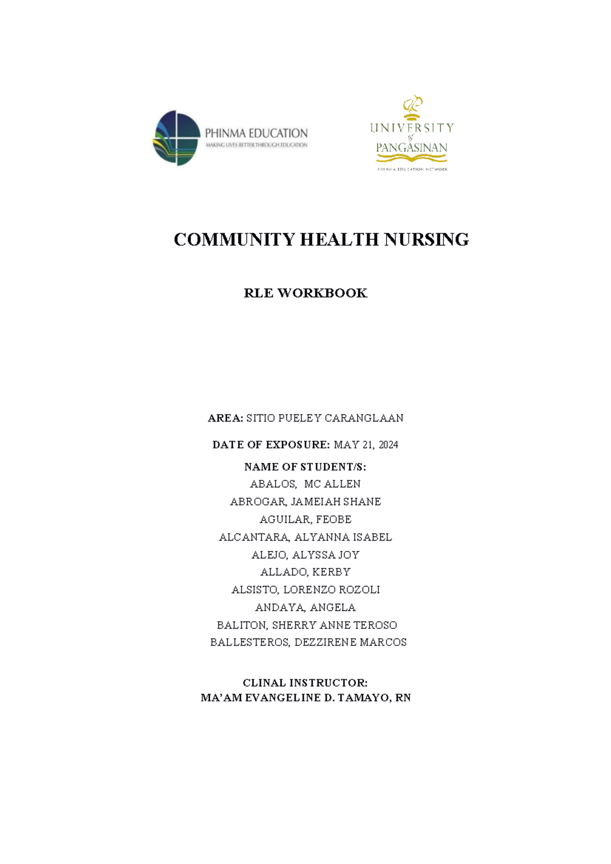 Group 1 CHN Workbook - COMMUNITY HEALTH NURSING RLE WORKBOOK AREA ...