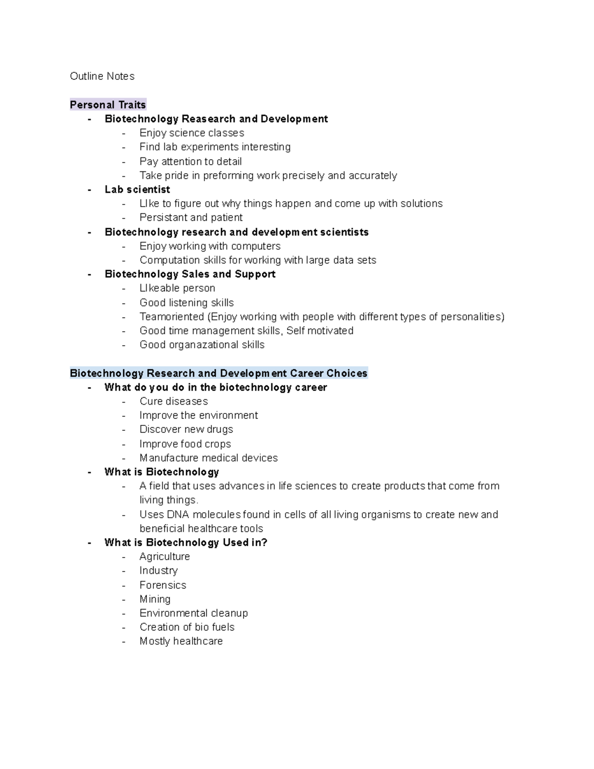 Outline Notes Kayla Mc Cracken - Outline Notes Personal Traits ...
