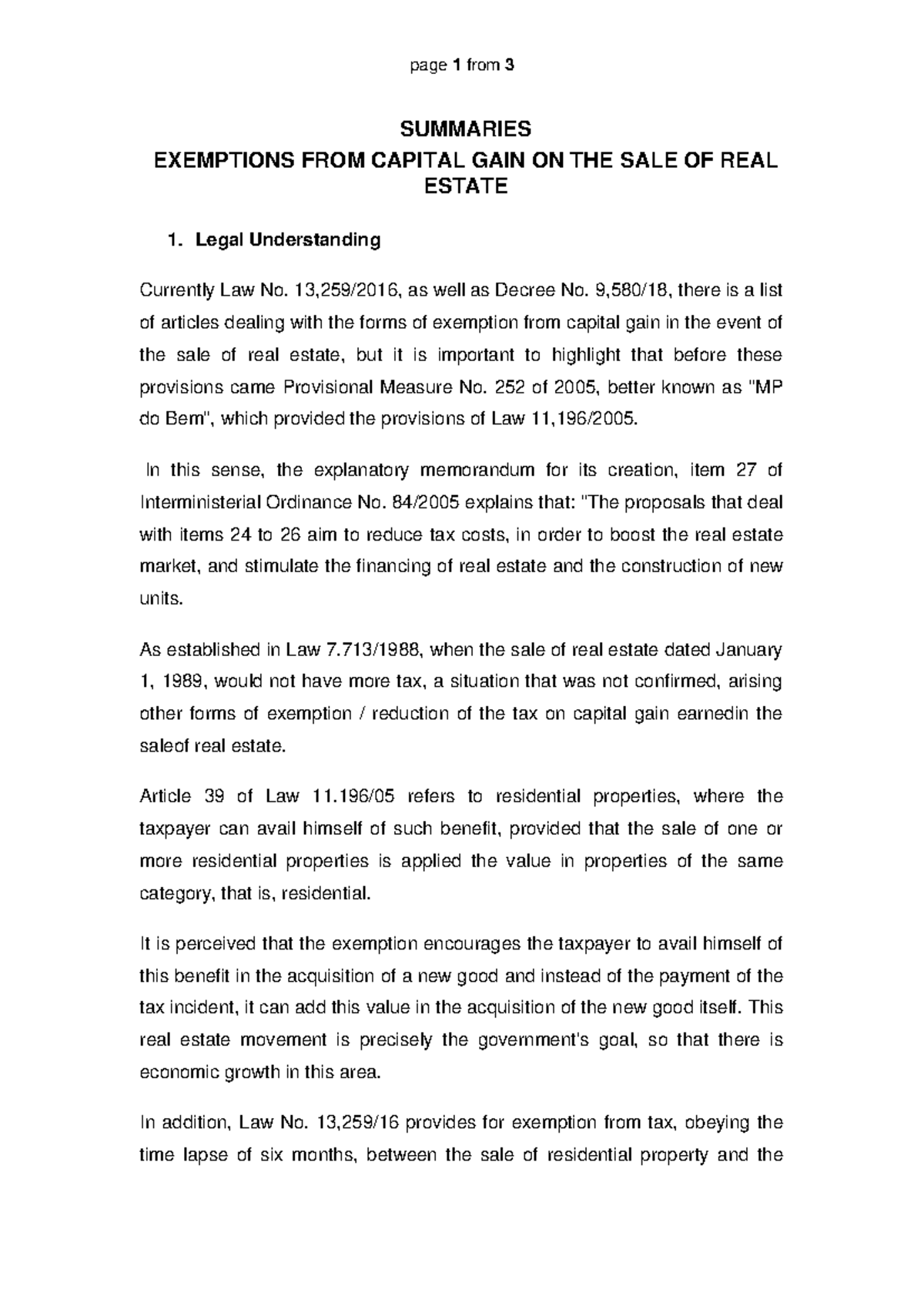 Summary (Exemptions from Capital Gain on the sale of real estate
