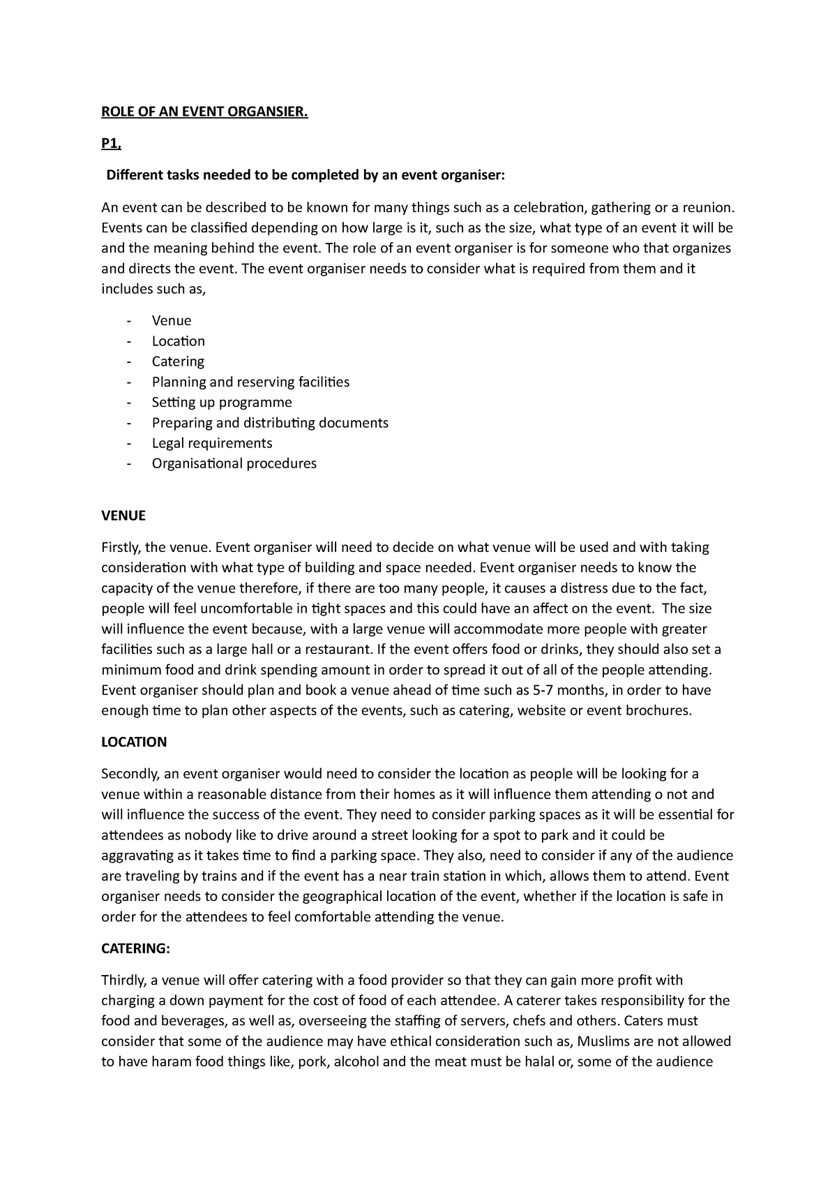 Role Of An Event Organsier - Role Of An Event Organsier. P1, Different Tasks  Needed To Be Completed - Studocu