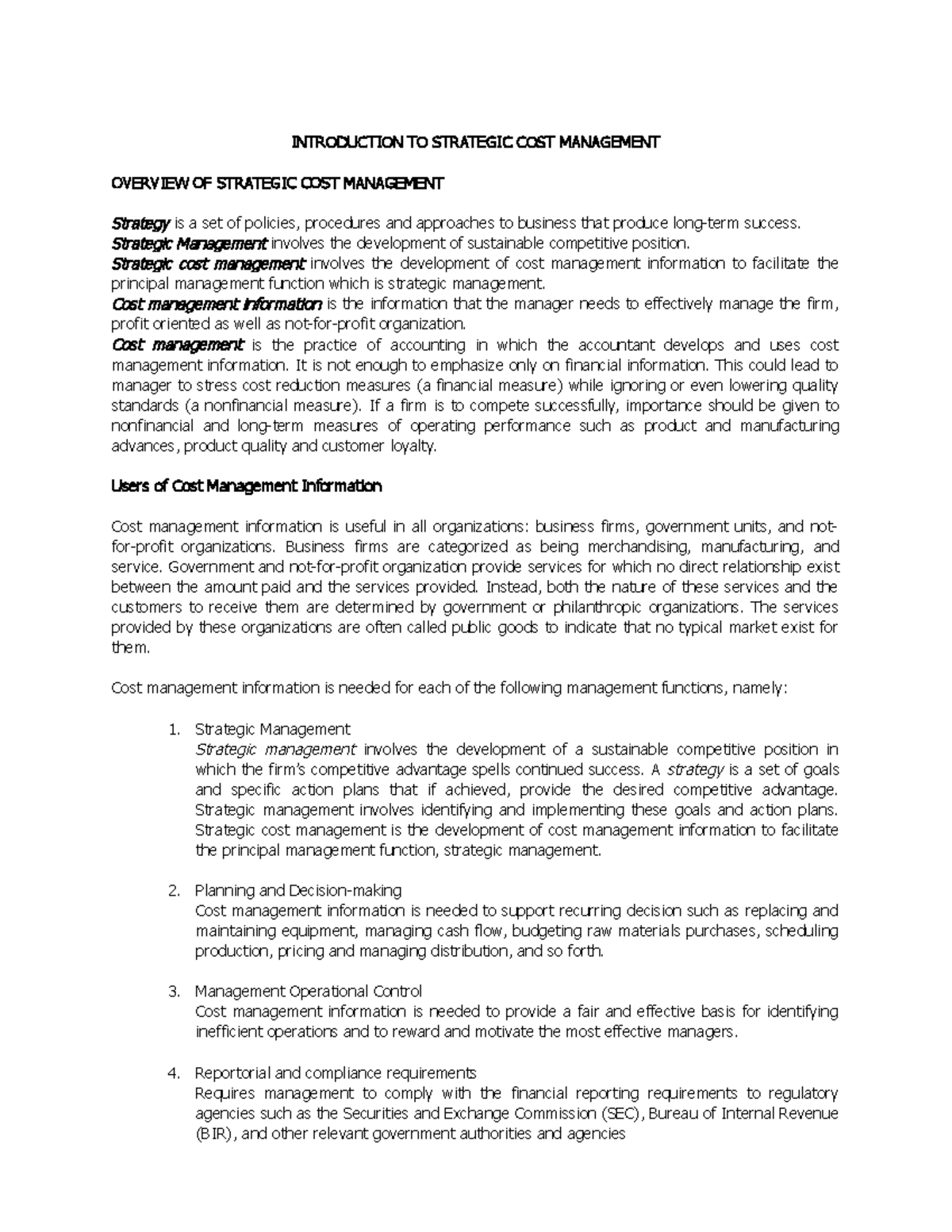 Acctg 7 Lecture-Notes - Lecturw notes - INTRODUCTION TO STRATEGIC COST ...