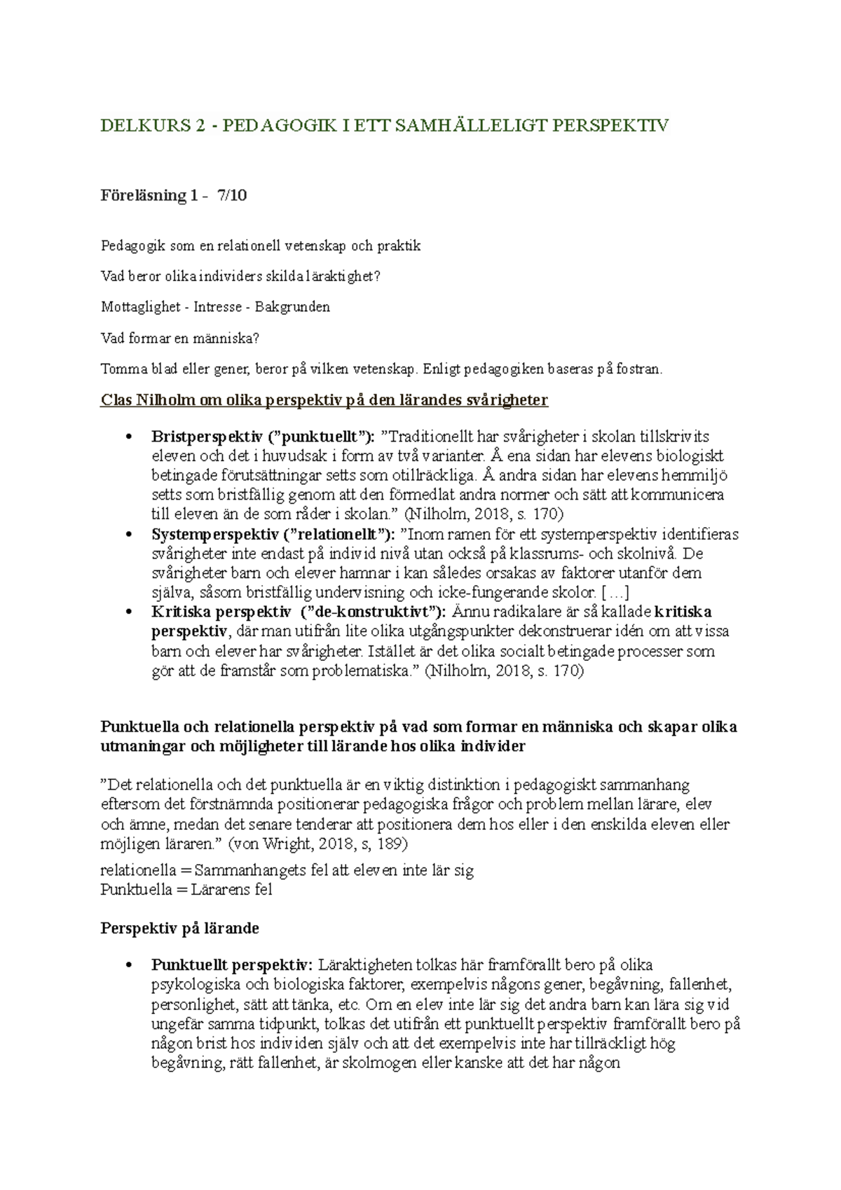 PEA106- Delkurs 2 - NOTERINGAR AV DELEKURS 2 - DELKURS 2 - PEDAGOGIK I ...