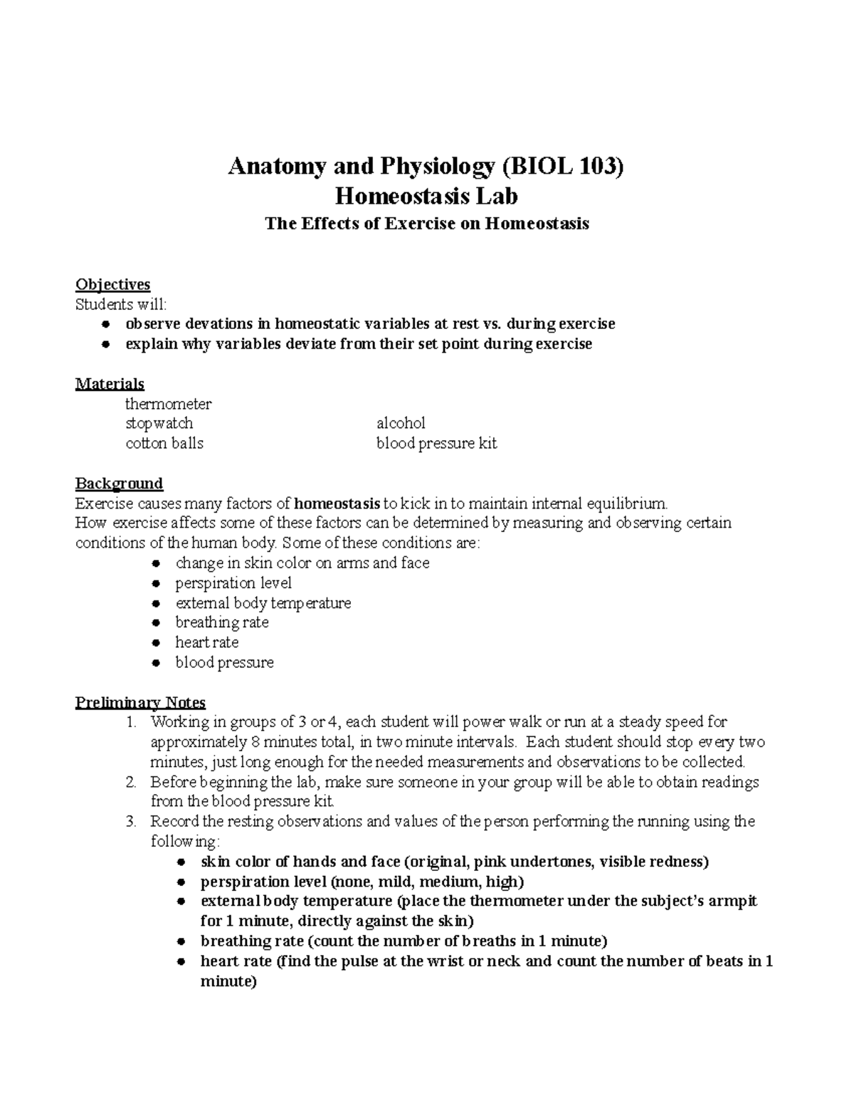Homeostasis Lab work Anatomy and Physiology (BIOL 103) Homeostasis