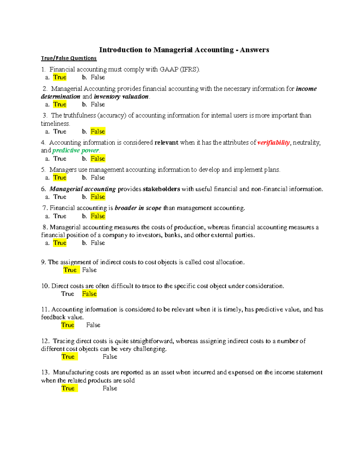 Chapter 1 Introduction To Managerial Accounting Answers - Introduction ...