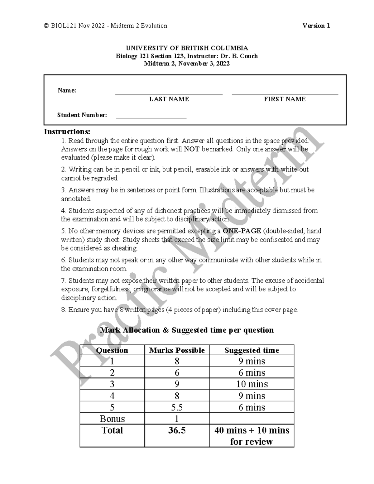 121+Midterm+2+Practice+2022W1 - UNIVERSITY OF BRITISH COLUMBIA Biology ...