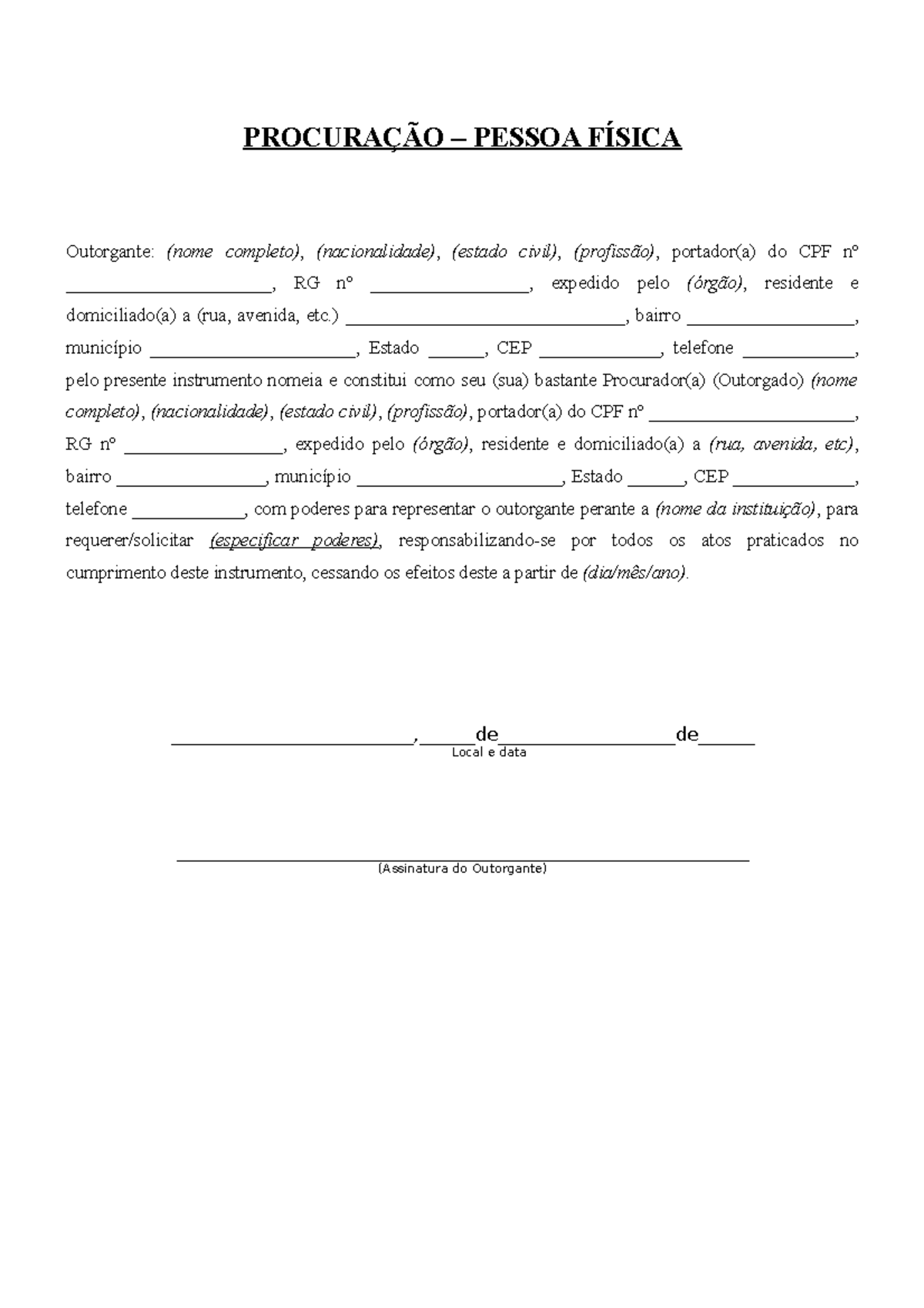 Modelo De Procuração ProcuraÇÃo Pessoa FÍsica Outorgante Nome Completo Nacionalidade 5784