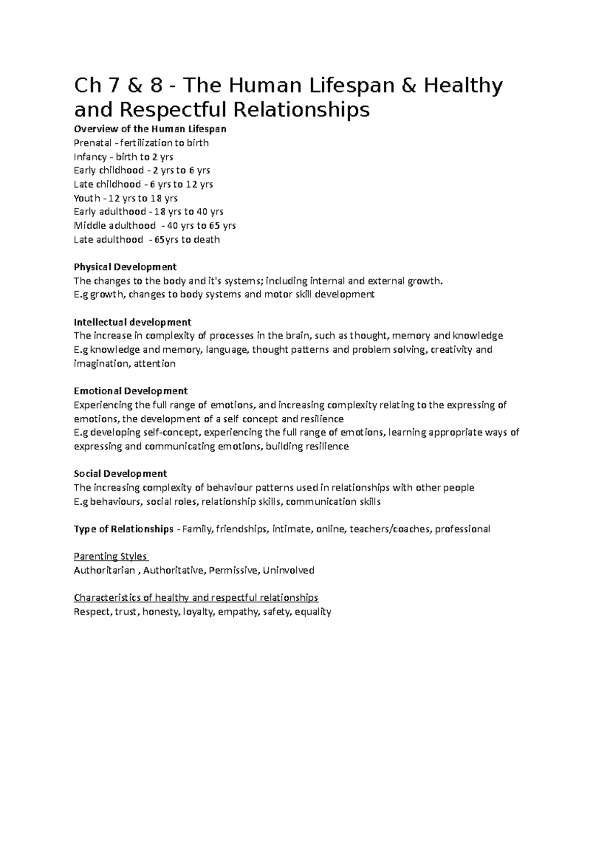 AOS 2 Notes - Ch 7 & 8 - The Human Lifespan & Healthy And Respectful ...