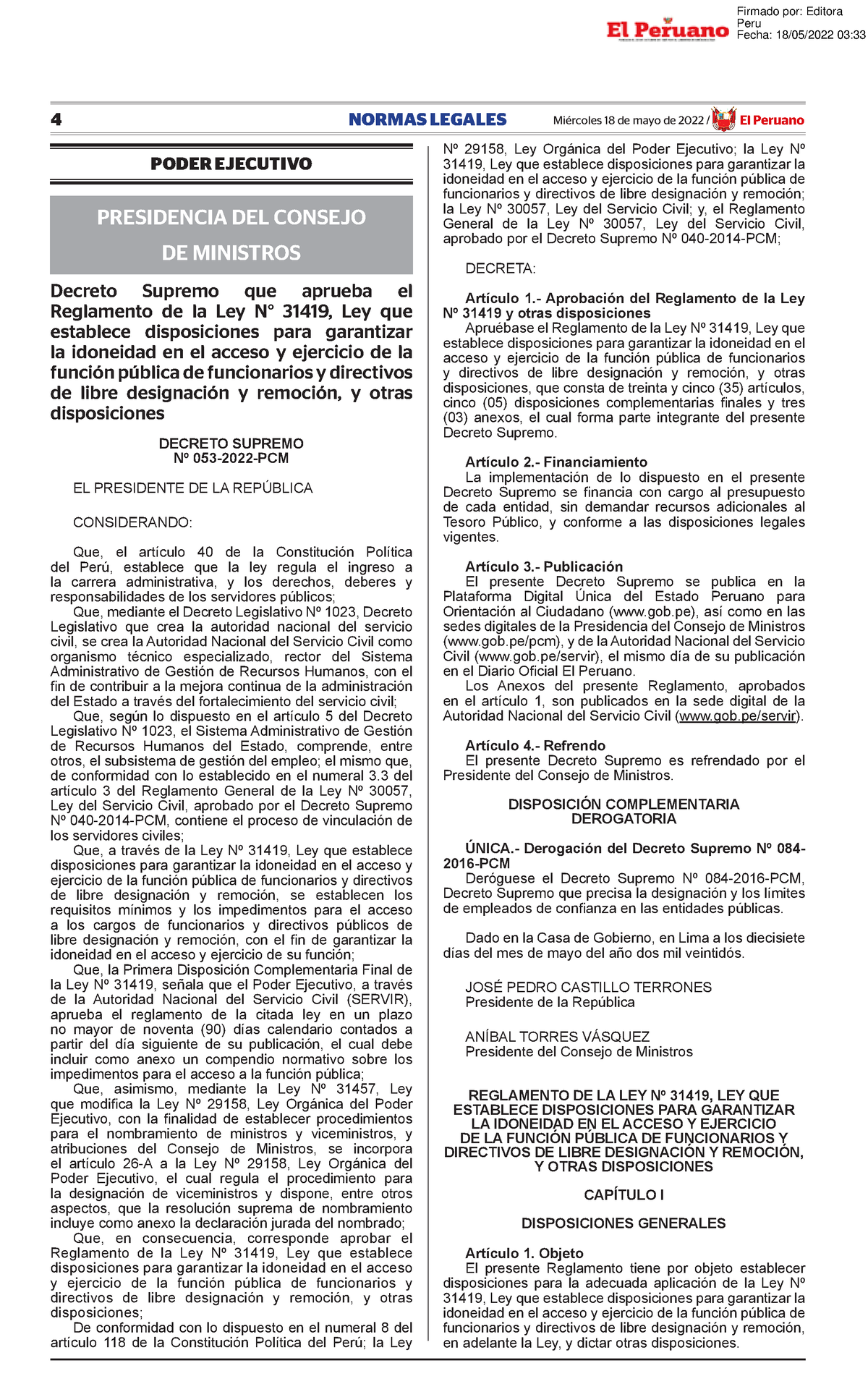 Decreto Supremo Que Aprueba El Reglamento De La Ley N 31419 Decreto ...