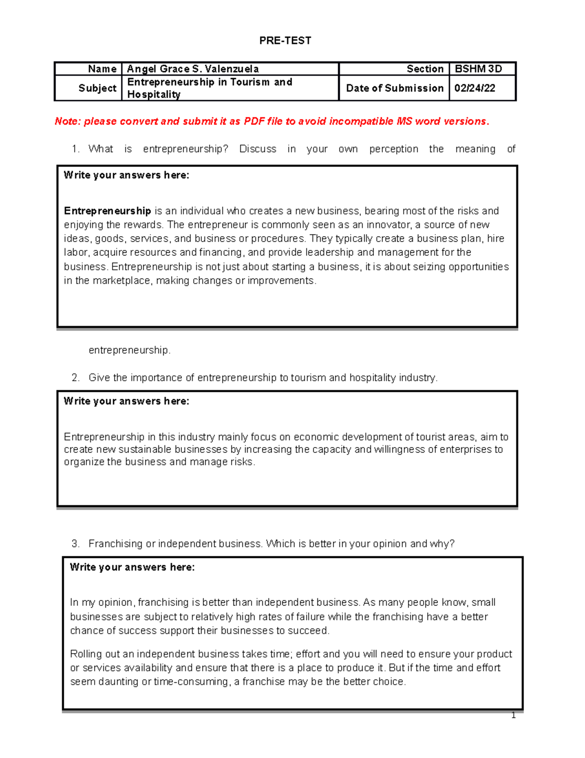 Pre Test Entrepreneurship in Tourism and Hospitality 2 - PRE-TEST Name ...