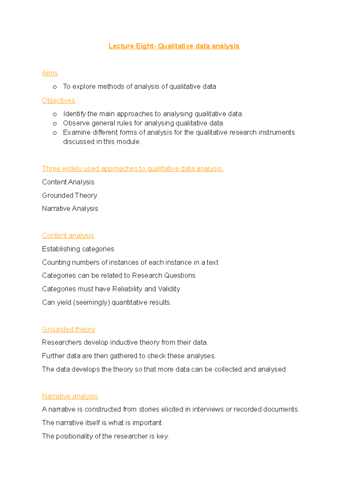 Lecture 8 - Lecture Eight- Qualitative data analysis Aims o To explore ...
