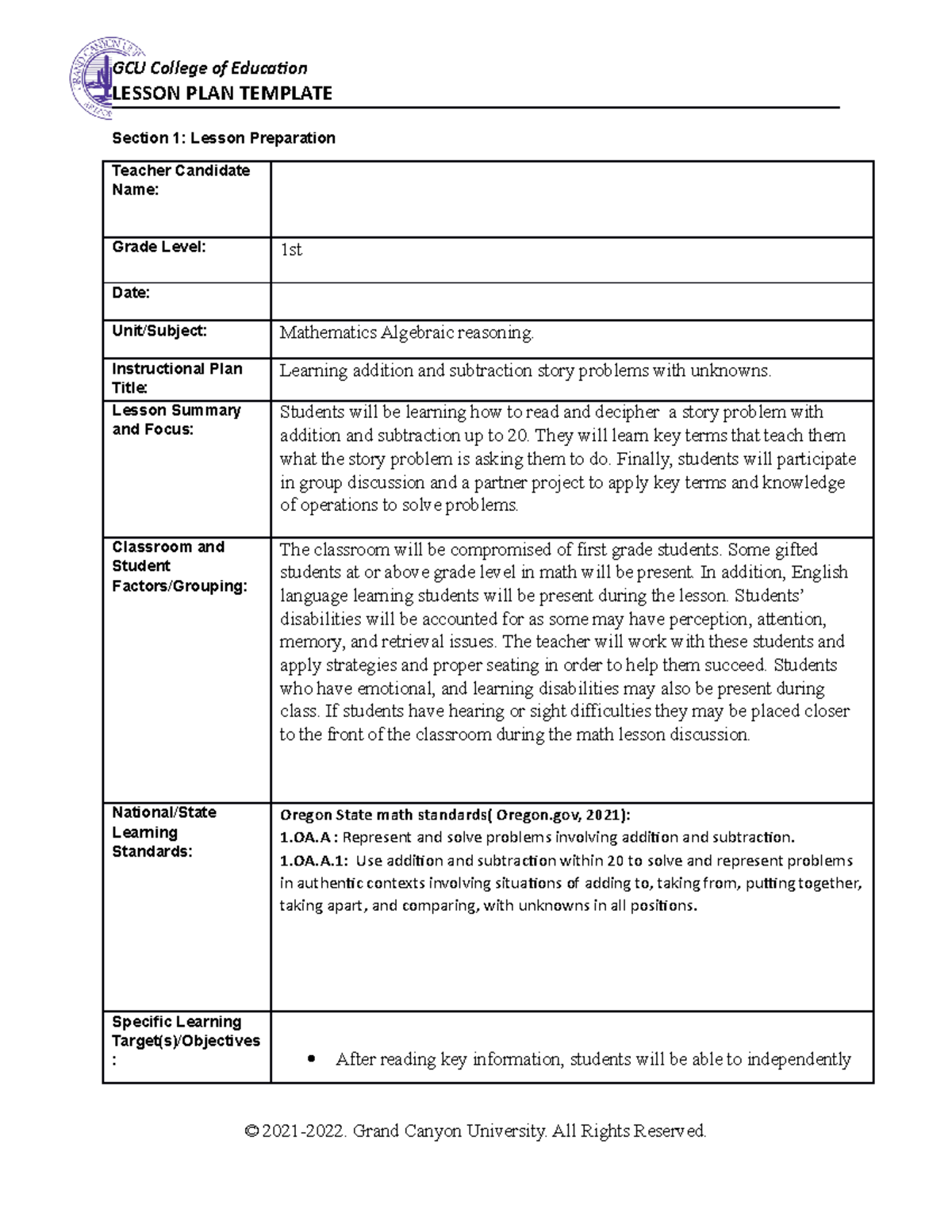 Operations And Algebraic Lesson Plan - Lesson Plan Template Section 1 