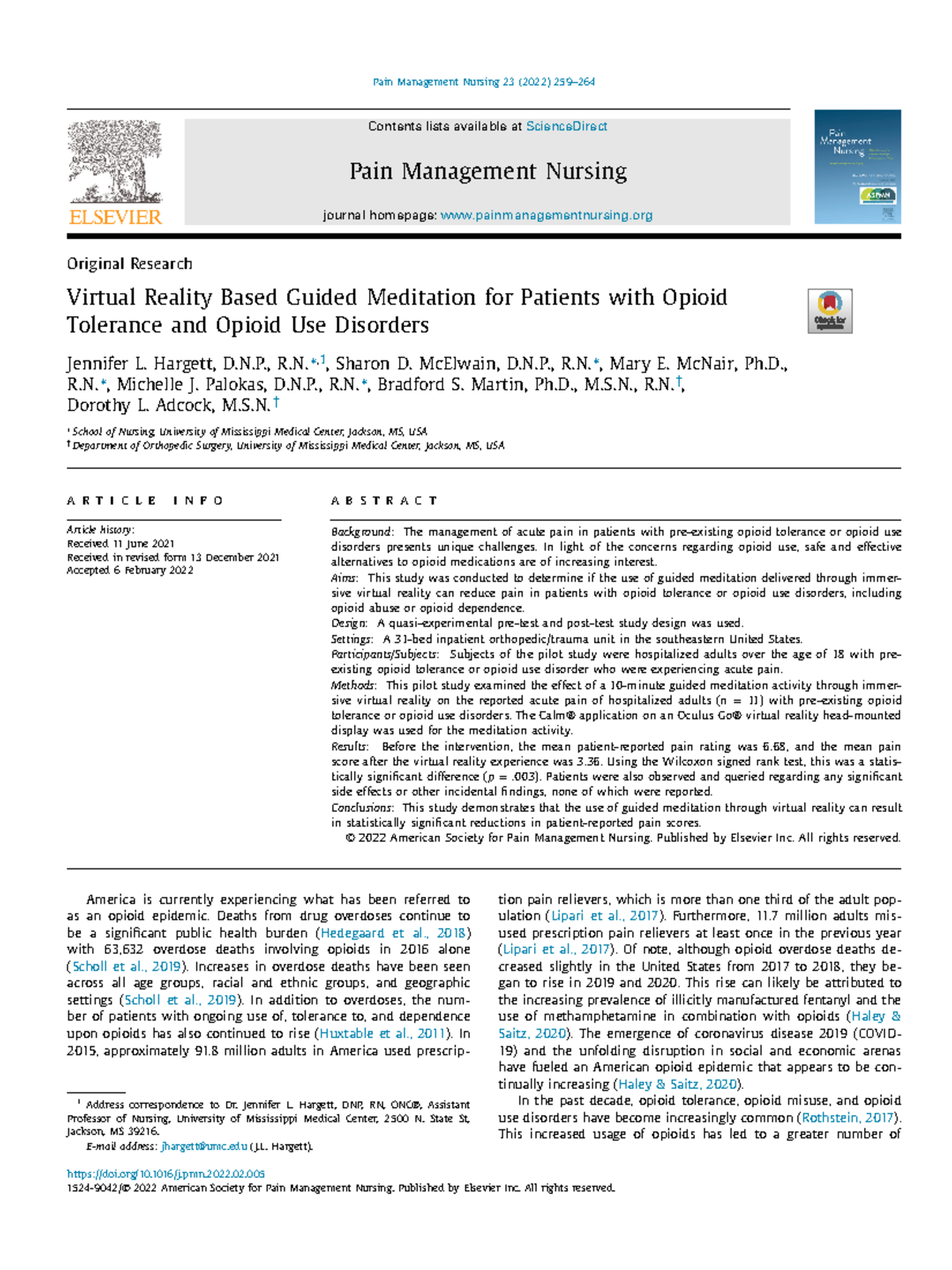 Article 1 (research) notes Pain Management Nursing 23 (2022) 259