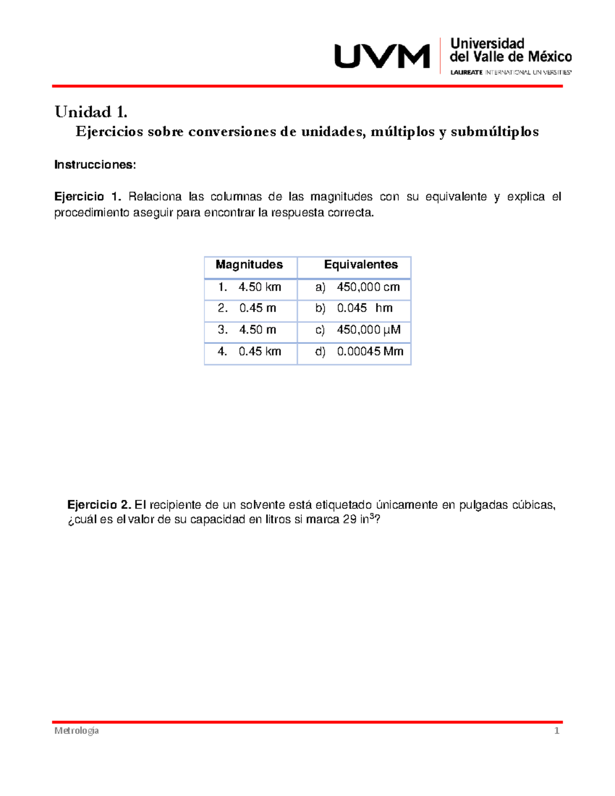 U1 Actividad 1 Ejercicios - Metrología 1 Unidad 1. Ejercicios Sobre ...