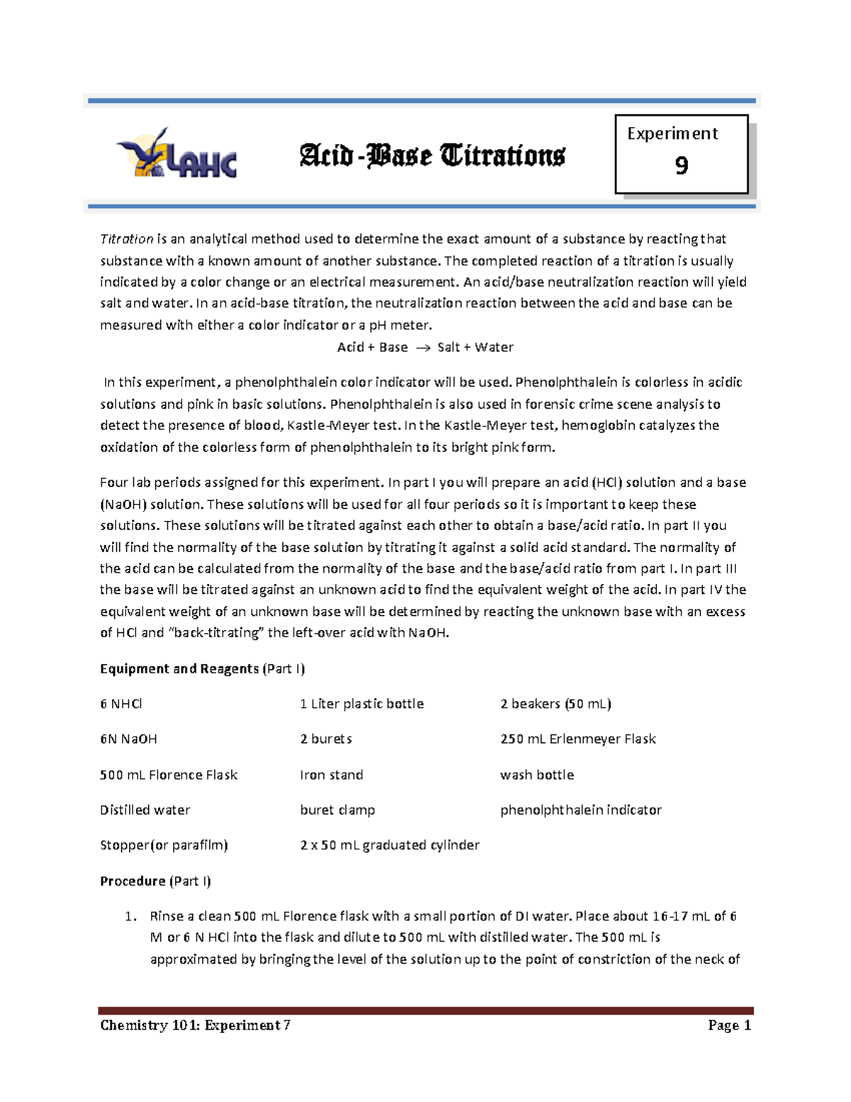 Exp 9 - Acid Base Sp 14 - lab report - Titration is an analytical ...