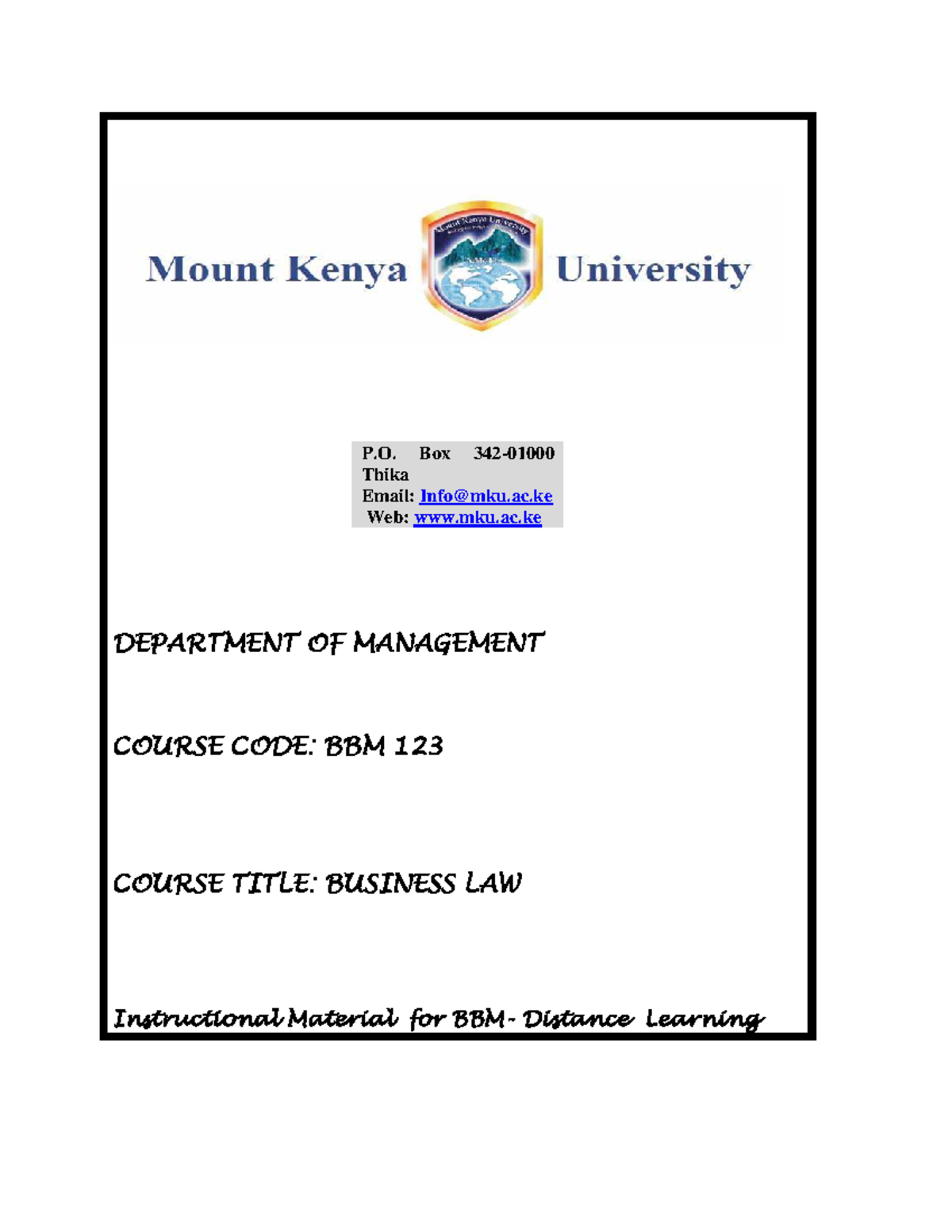 Department OF Management Course CODE BBM - P. Box 342- Thika Email ...
