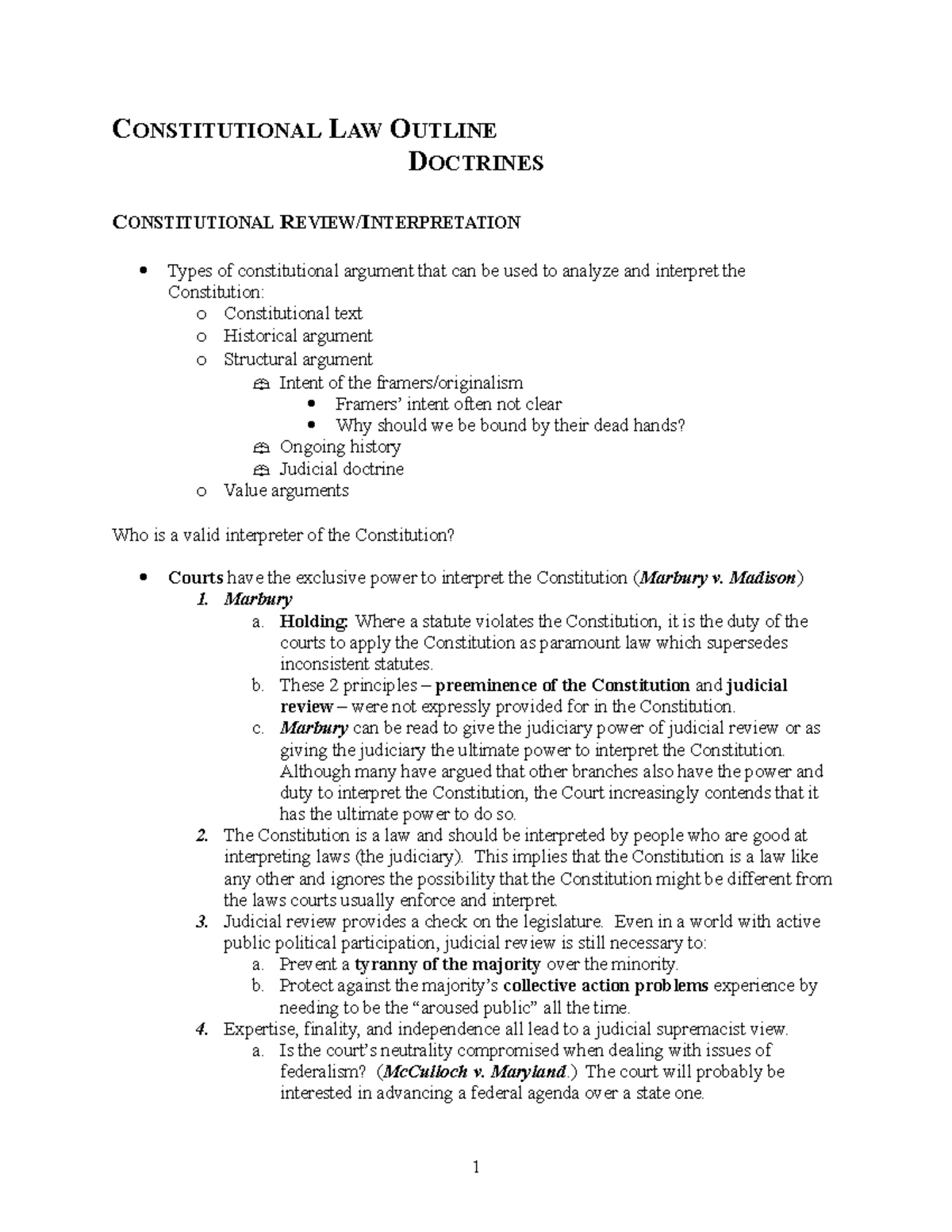 CON LAW Outline MAL CONSTITUTIONAL LAW OUTLINE DOCTRINES