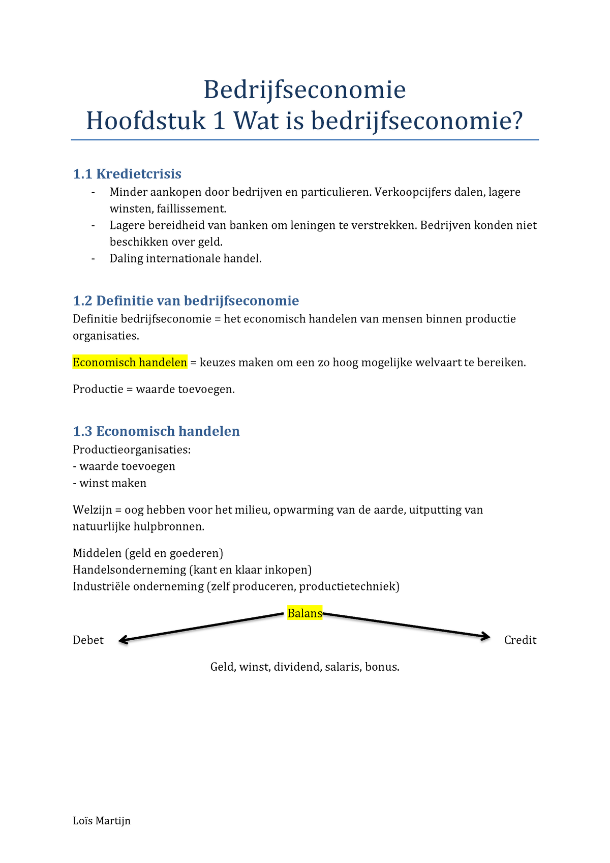 Samenvatting Bedrijfseconomie Hoofdstuk 1 - LoÔs Martijn ...