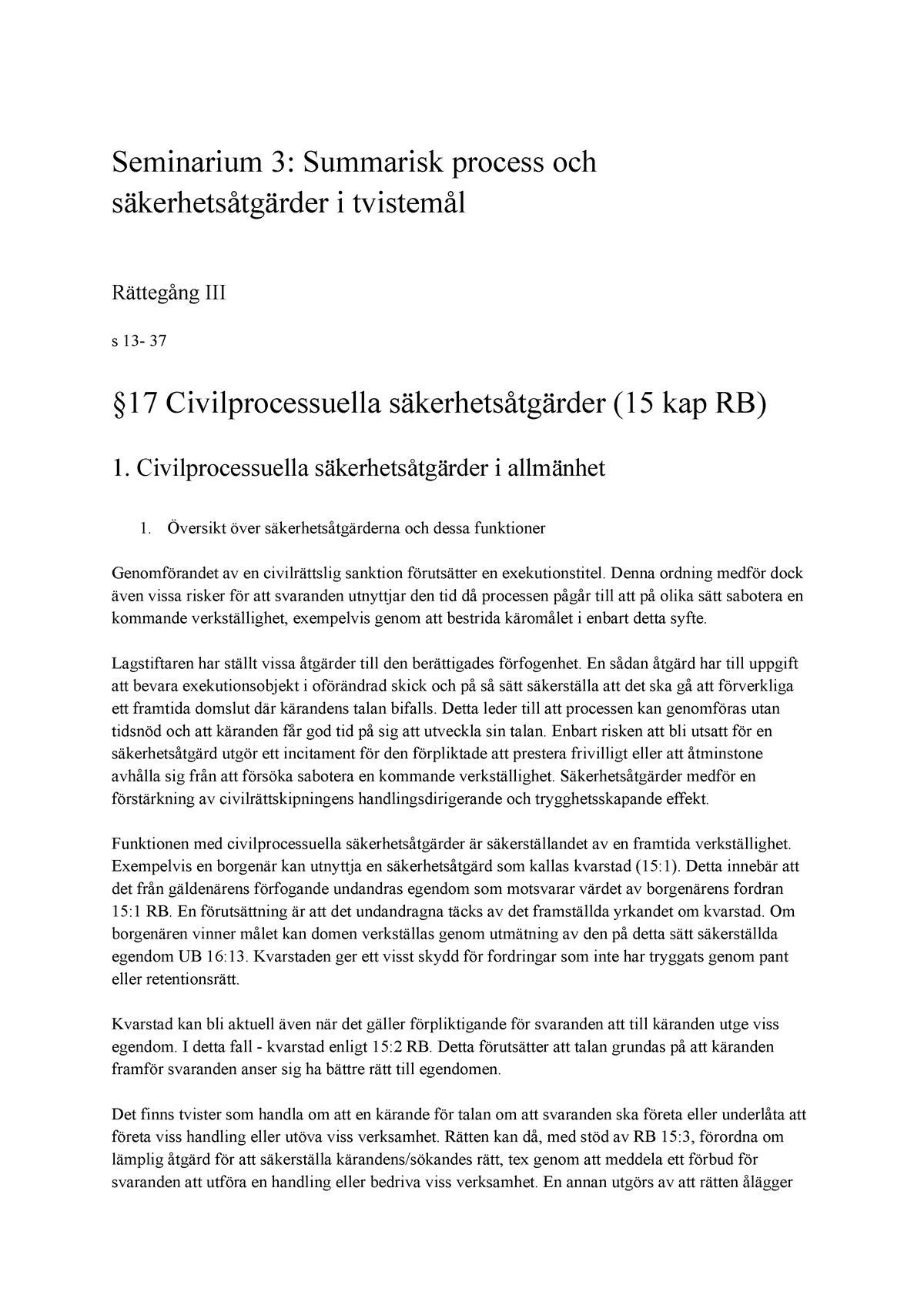 Seminarium 3 Summarisk Process Och Säkerhetsåtgärder I Tvistemål -2 ...