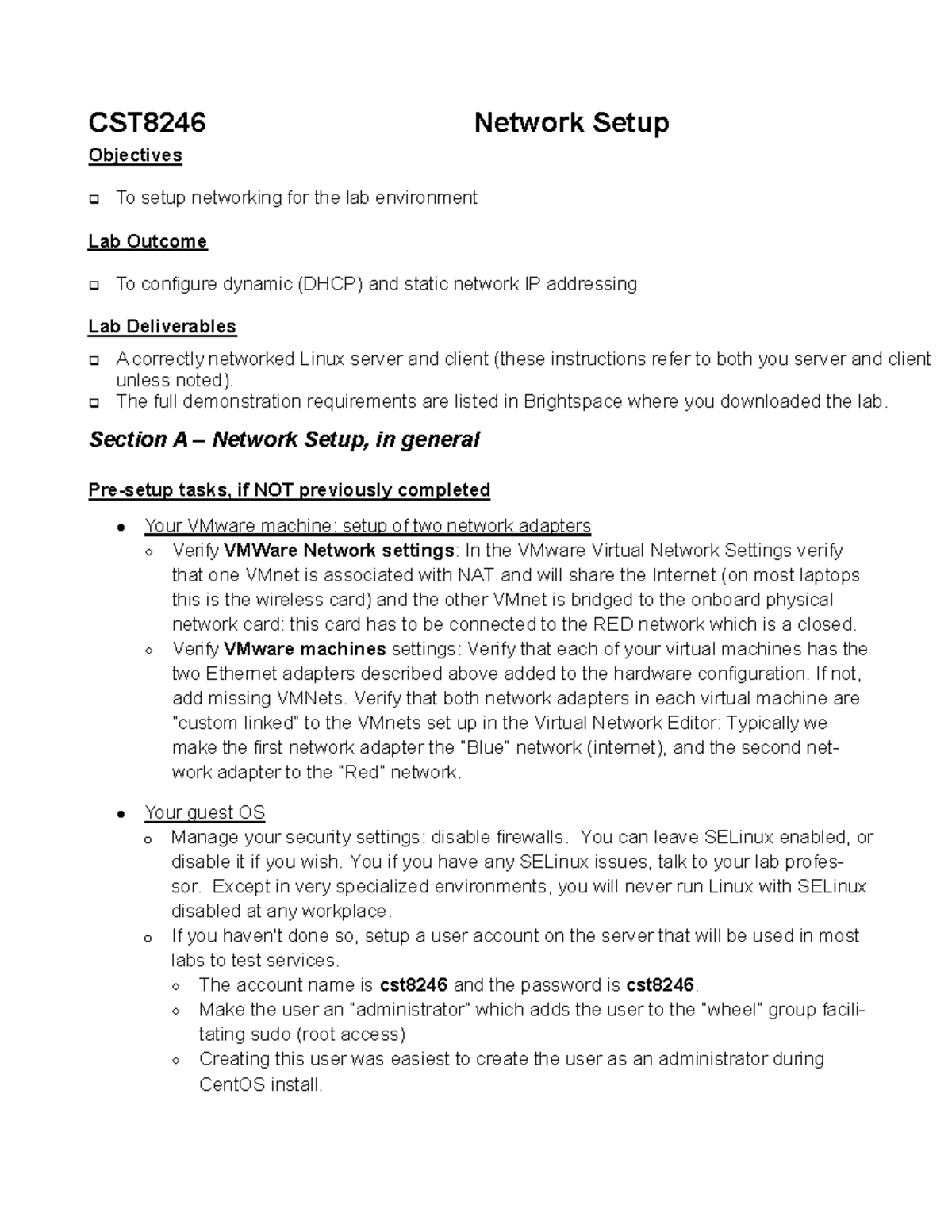 CST8246 01 Network Client CST82 46 Network Setup Objectives To setup