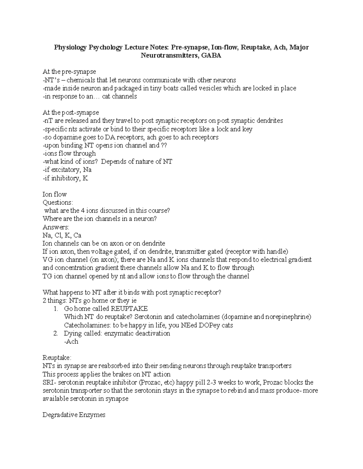 Physiology Psychology Lecture Notes Presynapse, Ionflow, Reuptake