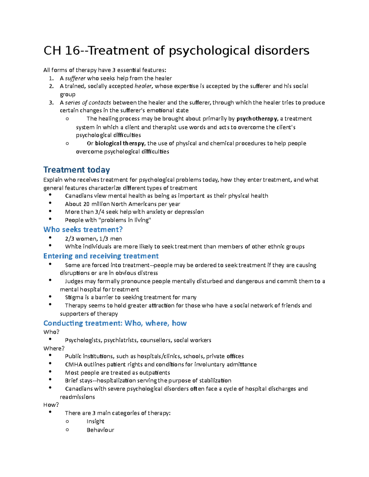 Chapter 16 Notes A - CH 16-Treatment Of Psychological Disorders All ...