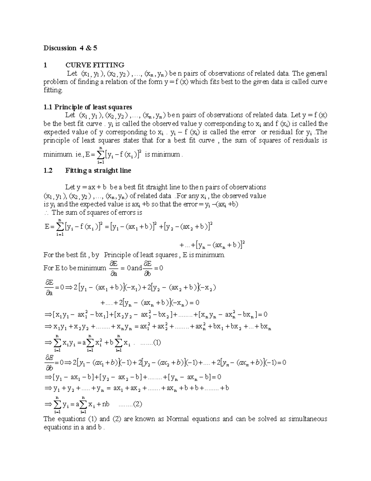 Curve Fitting - Brief Lecture Notes - Discussion 4 & 5 1 Curve Fitting 