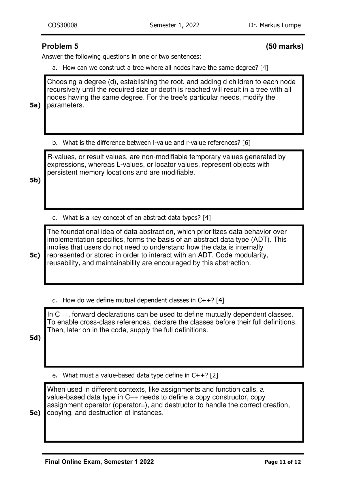 COS30008 2022 Questionaire-1 - COS30008 Semester 1, 2022 Dr. Markus ...