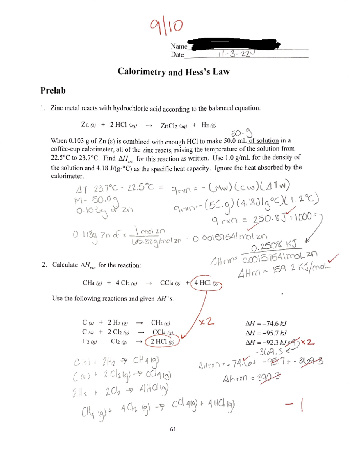 Calorimetry and Hess law prelab CHM 2210C Studocu