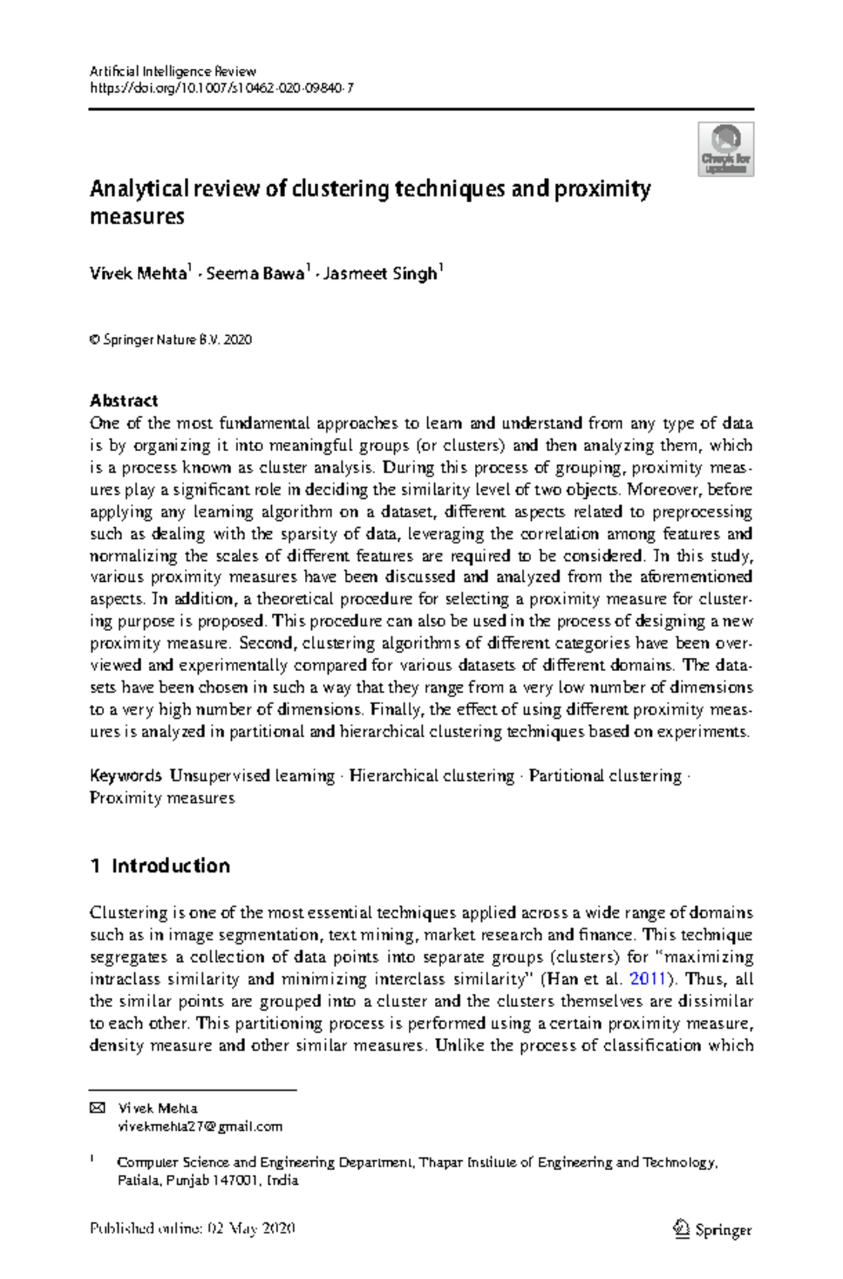 Mehta 2020 Article Analytical Review Of Clustering Techniques and ...