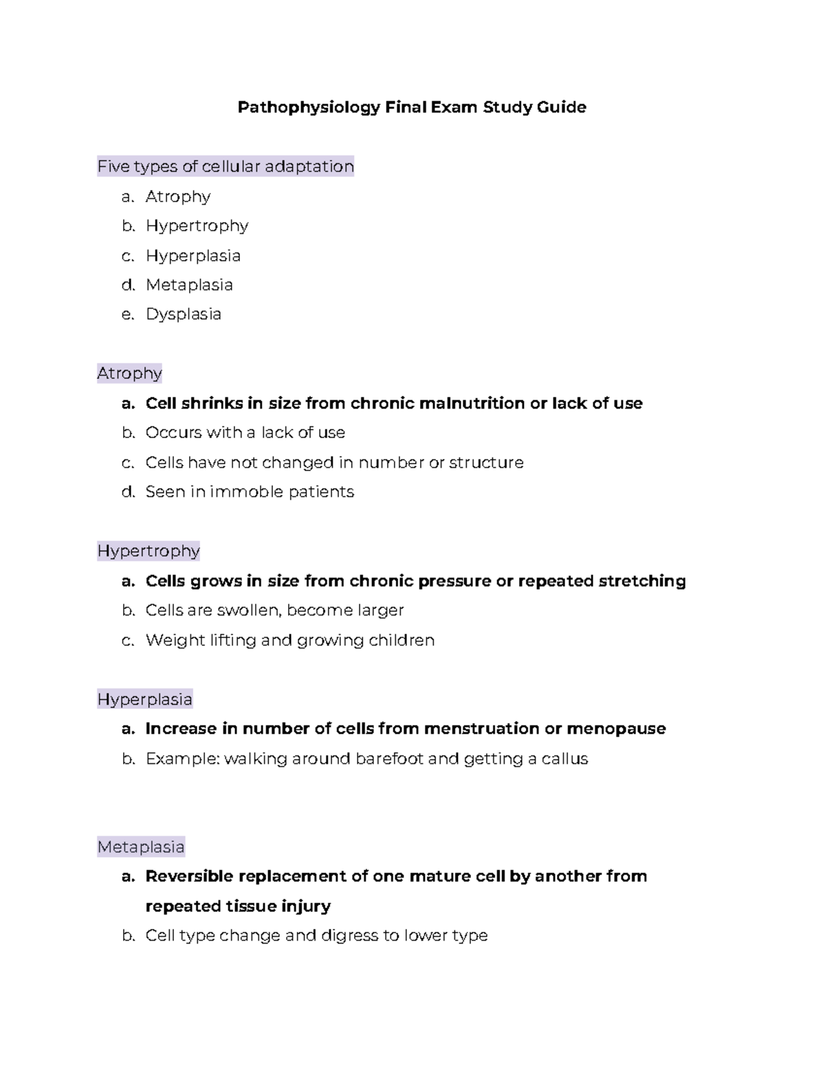 Pathophysiology Final Exam Study Guide - Atrophy B. Hypertrophy C ...