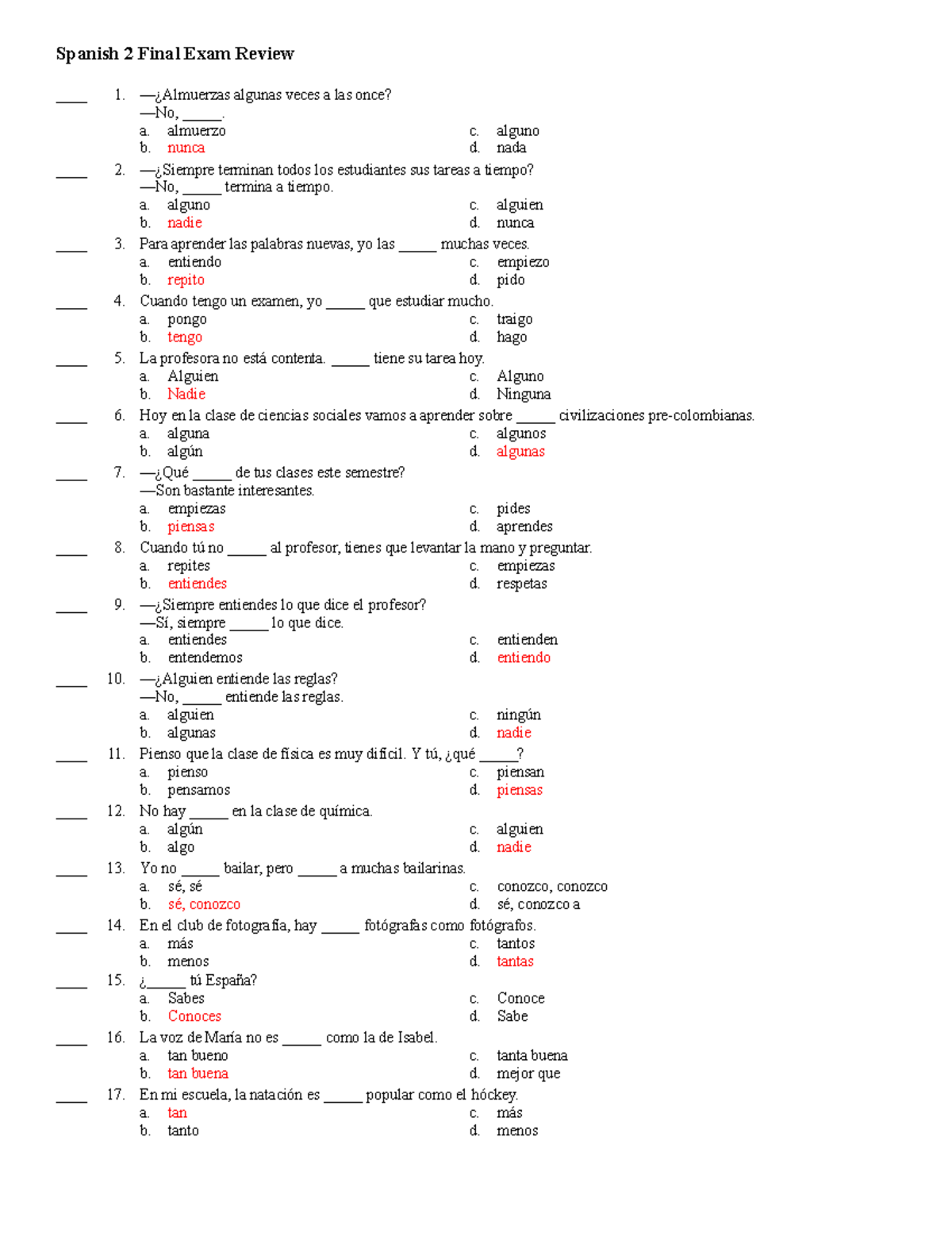 2017 SP 2 Practice Final EXAM TEST 2 Answers Spanish 2 Final Exam 