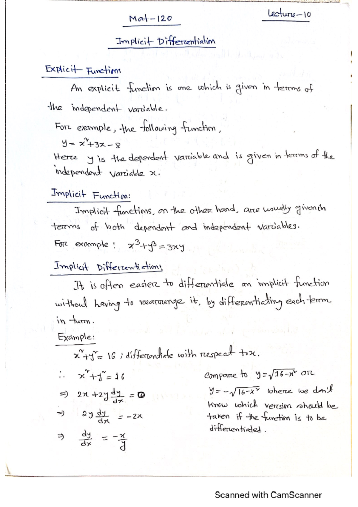 Lecture 10 - summary notes - Implicit Differentiation Explicit Function ...