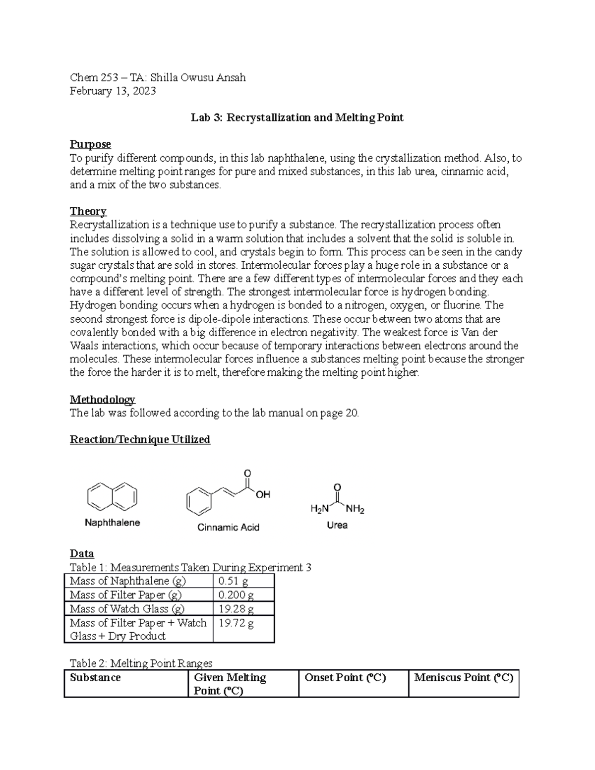 lab report chemistry experiment 3 matriculation