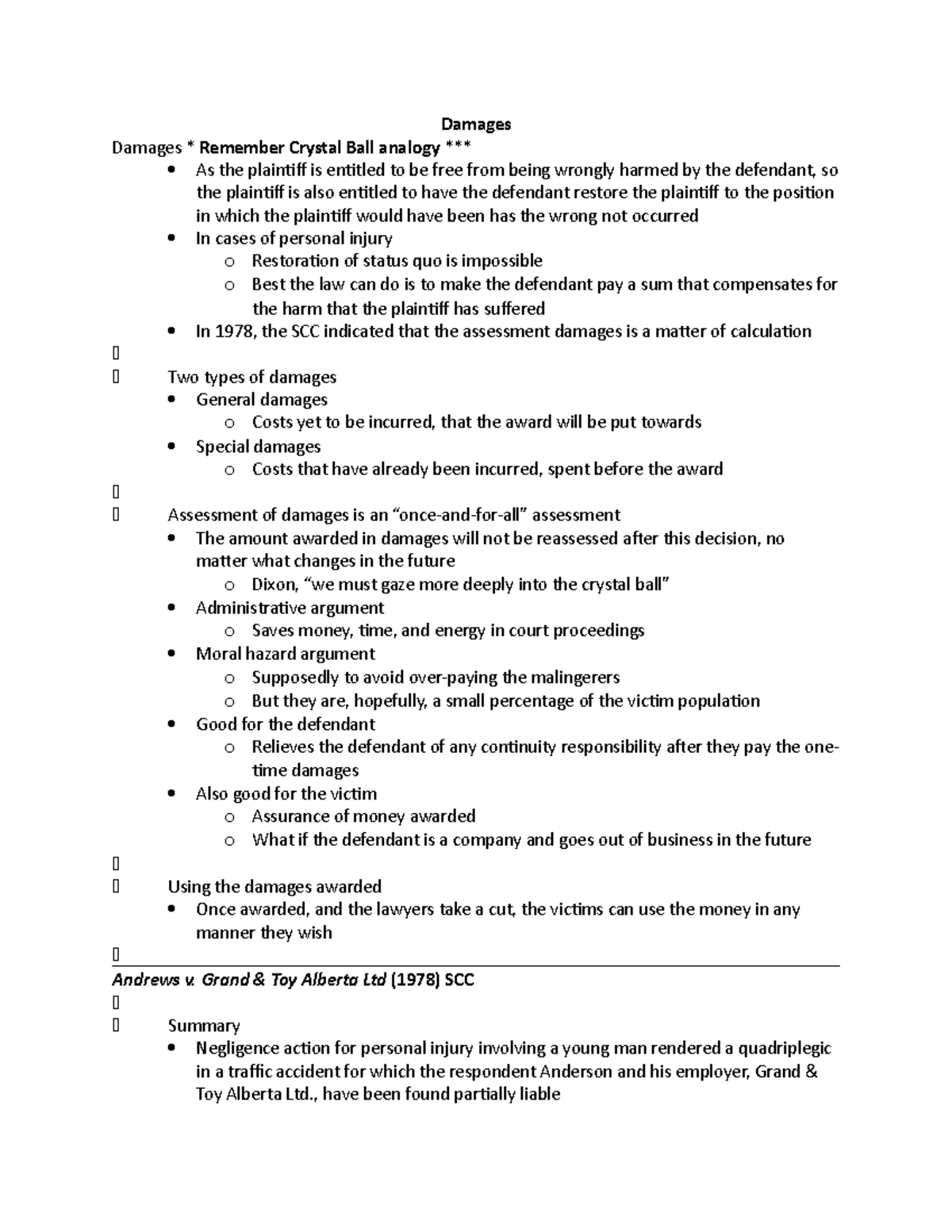 Torts (Hutchinson) 2018 Damages Damages * Remember Crystal Ball